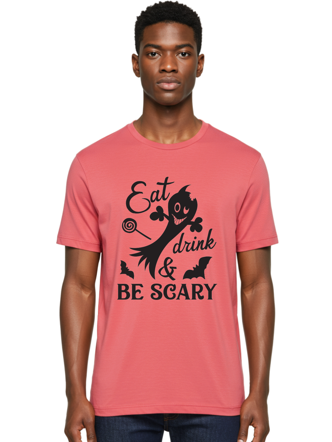 Eat-Drink-Be-Scary Men'S Graphic Tee, 100% Cotton, Comfortable Casual Summer Wear, Machine Washable, Halloween Design, Spooky T-Shirt, Halloween Quote, Eat Drink & Be Scary, Black Silhouette, Halloween Bats, Lollipop, Halloween Decorations, Aac680