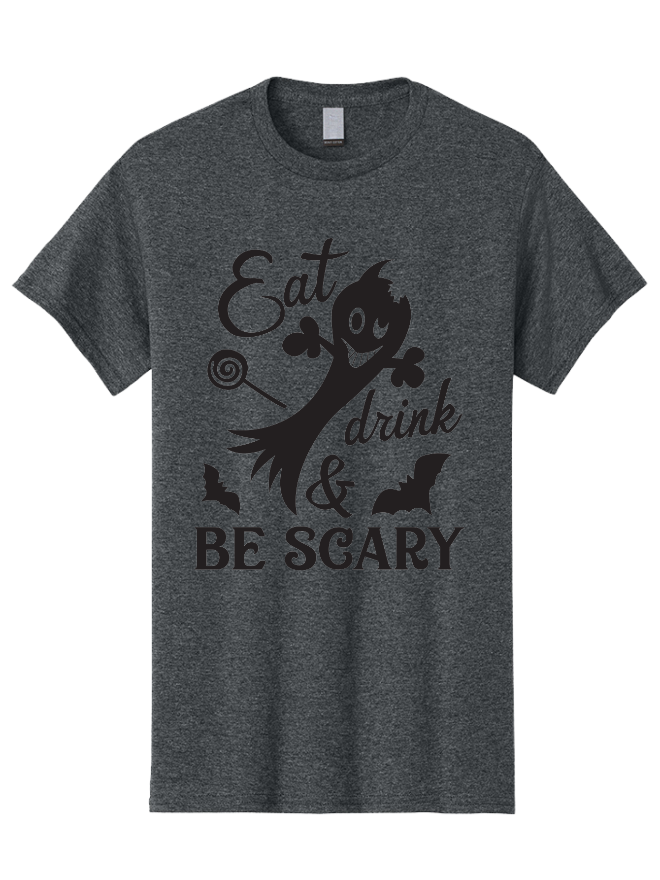 Eat-Drink-Be-Scary Men'S Graphic Tee, 100% Cotton, Comfortable Casual Summer Wear, Machine Washable, Halloween Design, Spooky T-Shirt, Halloween Quote, Eat Drink & Be Scary, Black Silhouette, Halloween Bats, Lollipop, Halloween Decorations, Aac680