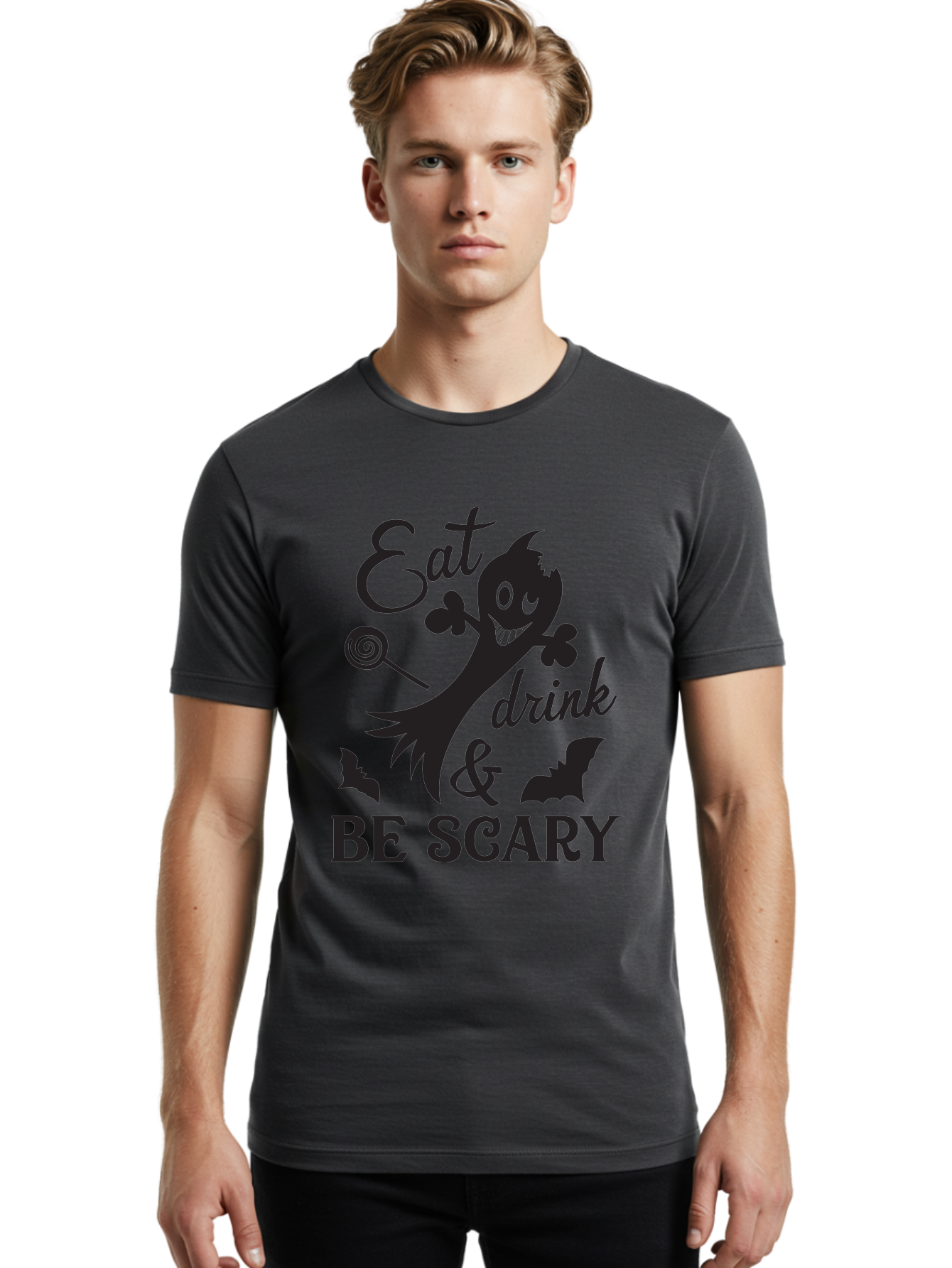 Eat-Drink-Be-Scary Men'S Graphic Tee, 100% Cotton, Comfortable Casual Summer Wear, Machine Washable, Halloween Design, Spooky T-Shirt, Halloween Quote, Eat Drink & Be Scary, Black Silhouette, Halloween Bats, Lollipop, Halloween Decorations, Aac680