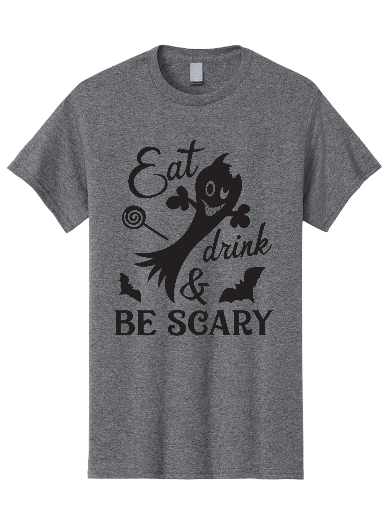 Eat-Drink-Be-Scary Men'S Graphic Tee, 100% Cotton, Comfortable Casual Summer Wear, Machine Washable, Halloween Design, Spooky T-Shirt, Halloween Quote, Eat Drink & Be Scary, Black Silhouette, Halloween Bats, Lollipop, Halloween Decorations, Aac680