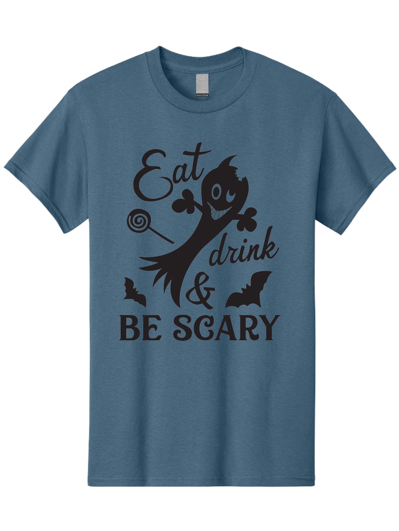 Eat-Drink-Be-Scary Men'S Graphic Tee, 100% Cotton, Comfortable Casual Summer Wear, Machine Washable, Halloween Design, Spooky T-Shirt, Halloween Quote, Eat Drink & Be Scary, Black Silhouette, Halloween Bats, Lollipop, Halloween Decorations, Aac680