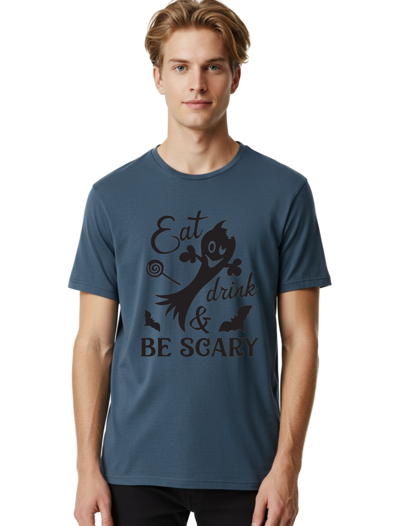 Eat-Drink-Be-Scary Men'S Graphic Tee, 100% Cotton, Comfortable Casual Summer Wear, Machine Washable, Halloween Design, Spooky T-Shirt, Halloween Quote, Eat Drink & Be Scary, Black Silhouette, Halloween Bats, Lollipop, Halloween Decorations, Aac680