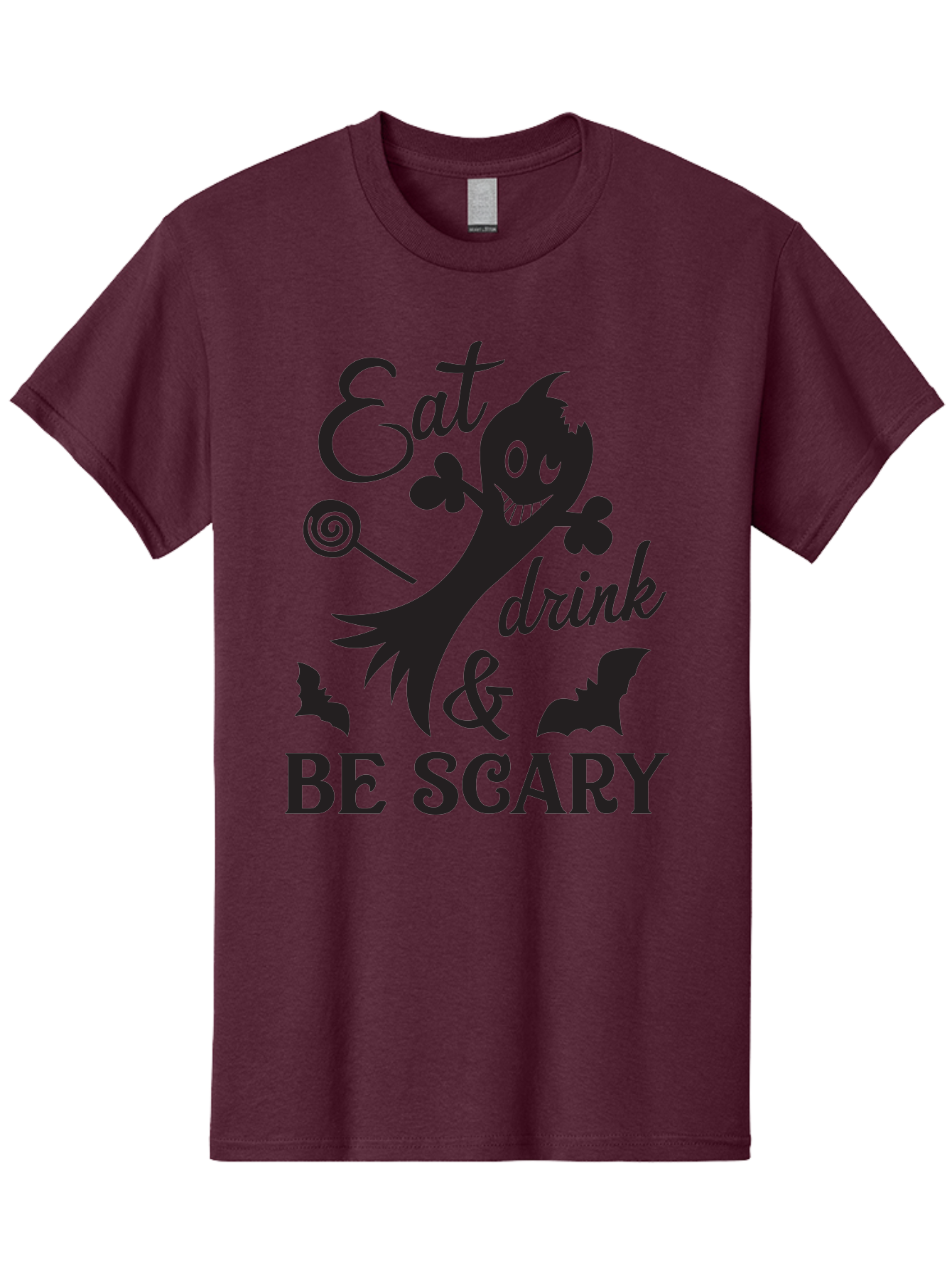 Eat-Drink-Be-Scary Men'S Graphic Tee, 100% Cotton, Comfortable Casual Summer Wear, Machine Washable, Halloween Design, Spooky T-Shirt, Halloween Quote, Eat Drink & Be Scary, Black Silhouette, Halloween Bats, Lollipop, Halloween Decorations, Aac680