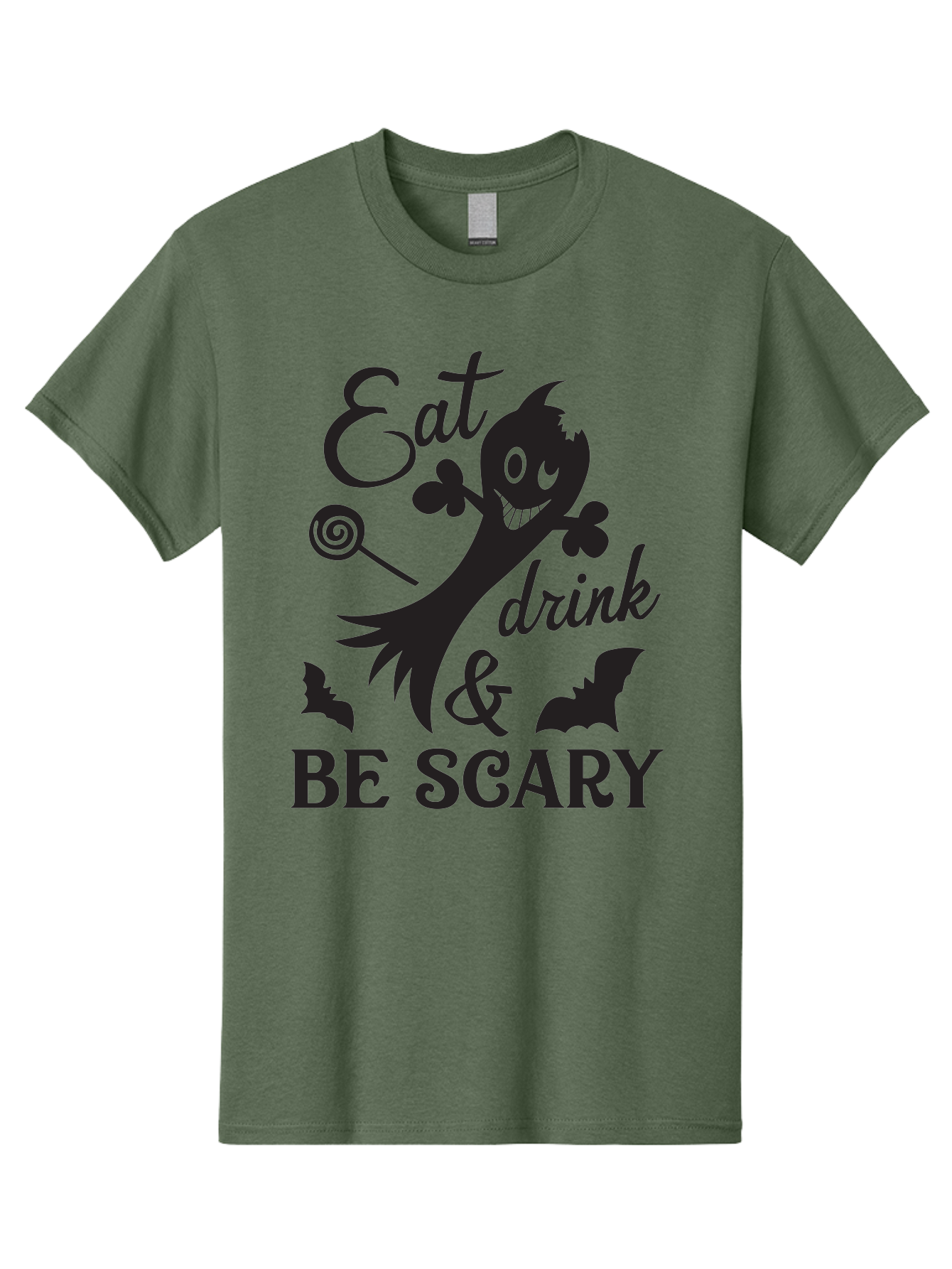 Eat-Drink-Be-Scary Men'S Graphic Tee, 100% Cotton, Comfortable Casual Summer Wear, Machine Washable, Halloween Design, Spooky T-Shirt, Halloween Quote, Eat Drink & Be Scary, Black Silhouette, Halloween Bats, Lollipop, Halloween Decorations, Aac680