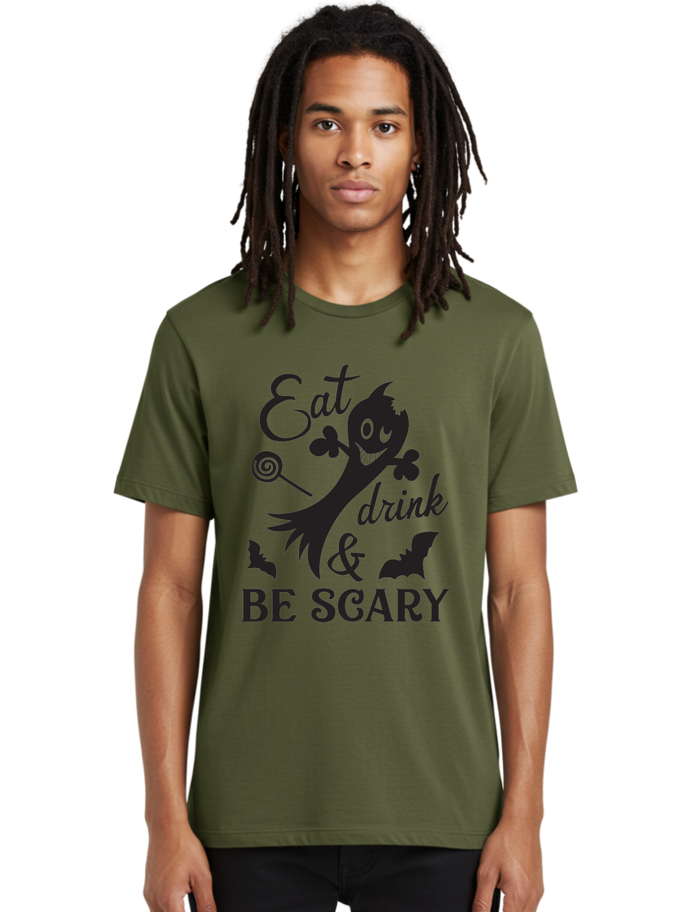 Eat-Drink-Be-Scary Men'S Graphic Tee, 100% Cotton, Comfortable Casual Summer Wear, Machine Washable, Halloween Design, Spooky T-Shirt, Halloween Quote, Eat Drink & Be Scary, Black Silhouette, Halloween Bats, Lollipop, Halloween Decorations, Aac680