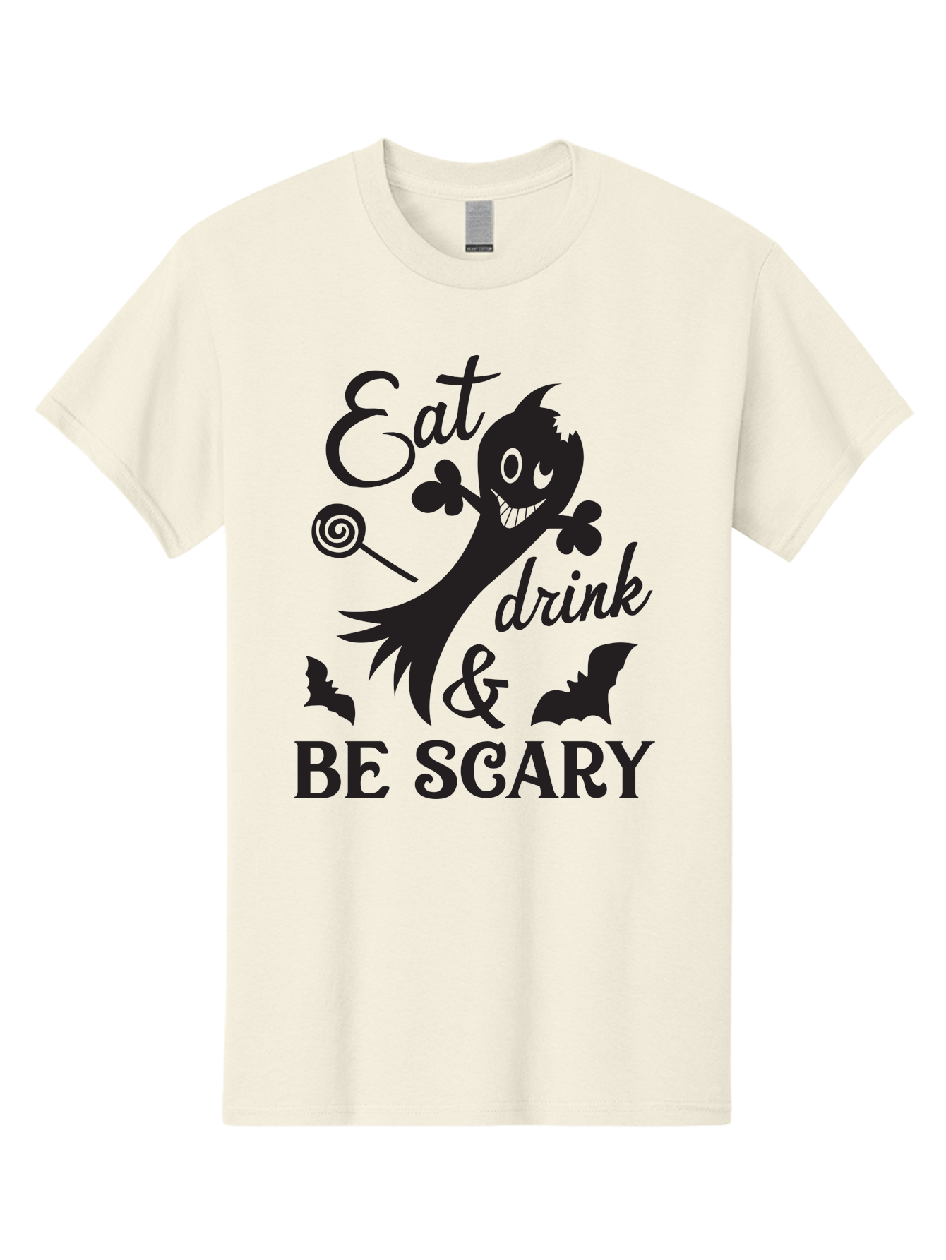 Eat-Drink-Be-Scary Men'S Graphic Tee, 100% Cotton, Comfortable Casual Summer Wear, Machine Washable, Halloween Design, Spooky T-Shirt, Halloween Quote, Eat Drink & Be Scary, Black Silhouette, Halloween Bats, Lollipop, Halloween Decorations, Aac680