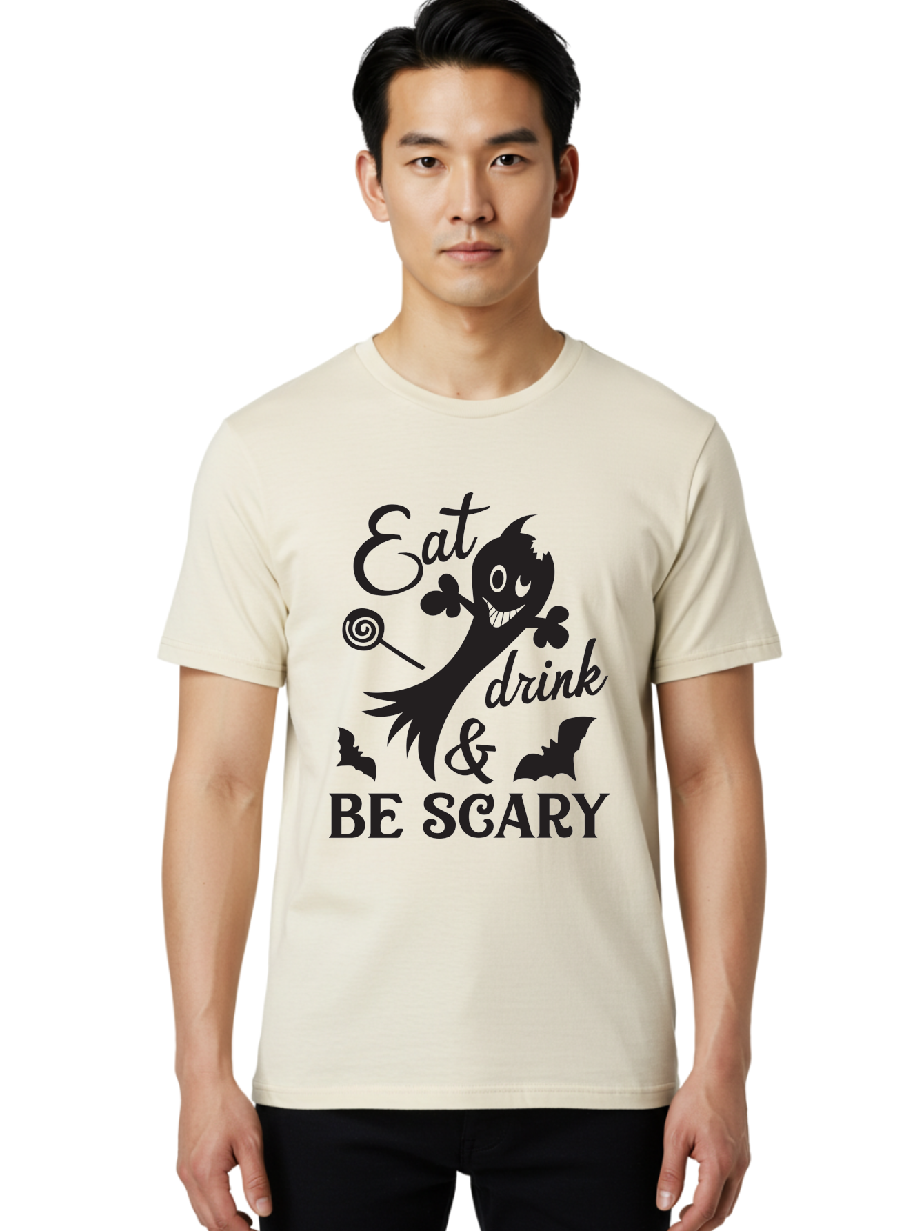 Eat-Drink-Be-Scary Men'S Graphic Tee, 100% Cotton, Comfortable Casual Summer Wear, Machine Washable, Halloween Design, Spooky T-Shirt, Halloween Quote, Eat Drink & Be Scary, Black Silhouette, Halloween Bats, Lollipop, Halloween Decorations, Aac680