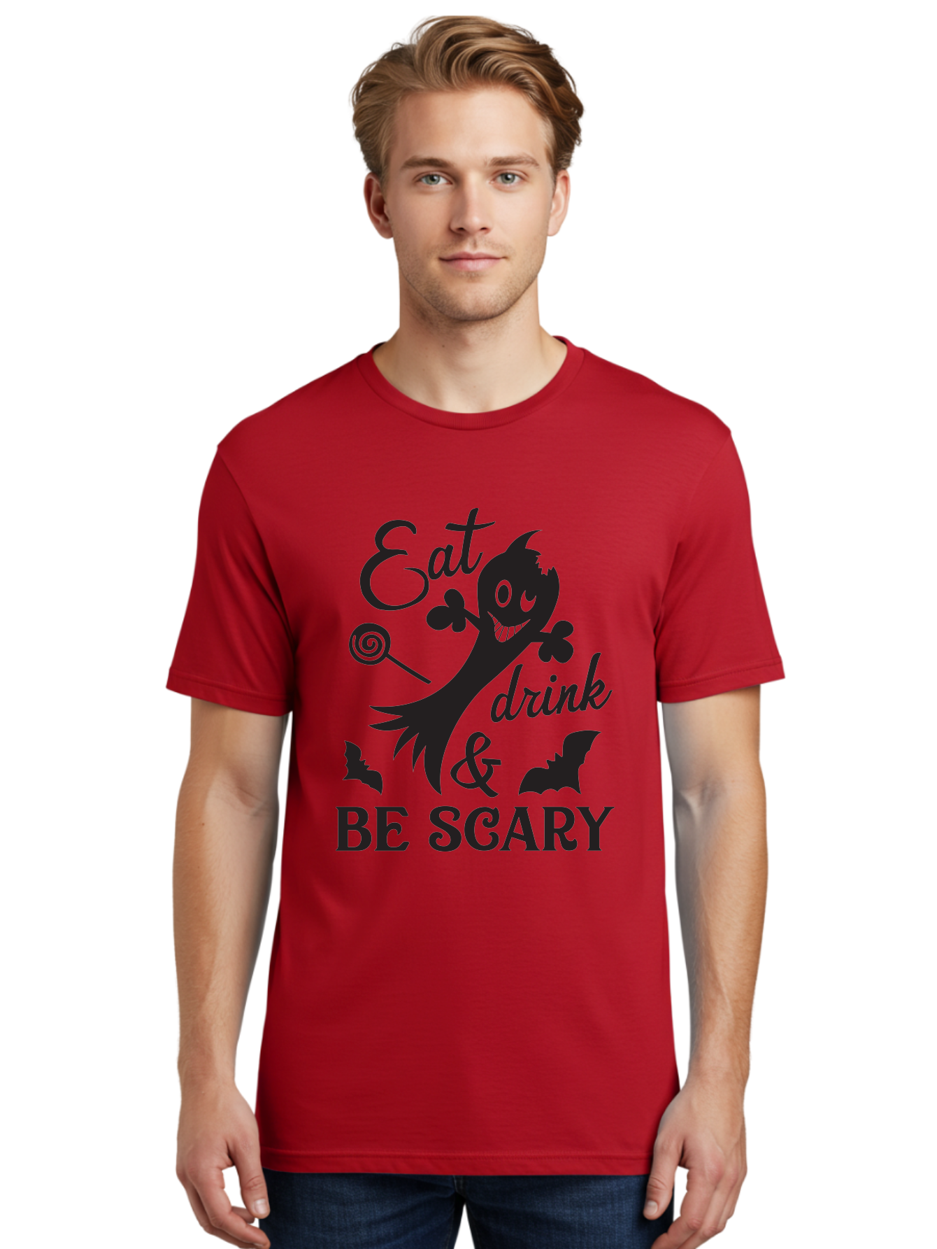 Eat-Drink-Be-Scary Men'S Graphic Tee, 100% Cotton, Comfortable Casual Summer Wear, Machine Washable, Halloween Design, Spooky T-Shirt, Halloween Quote, Eat Drink & Be Scary, Black Silhouette, Halloween Bats, Lollipop, Halloween Decorations, Aac680