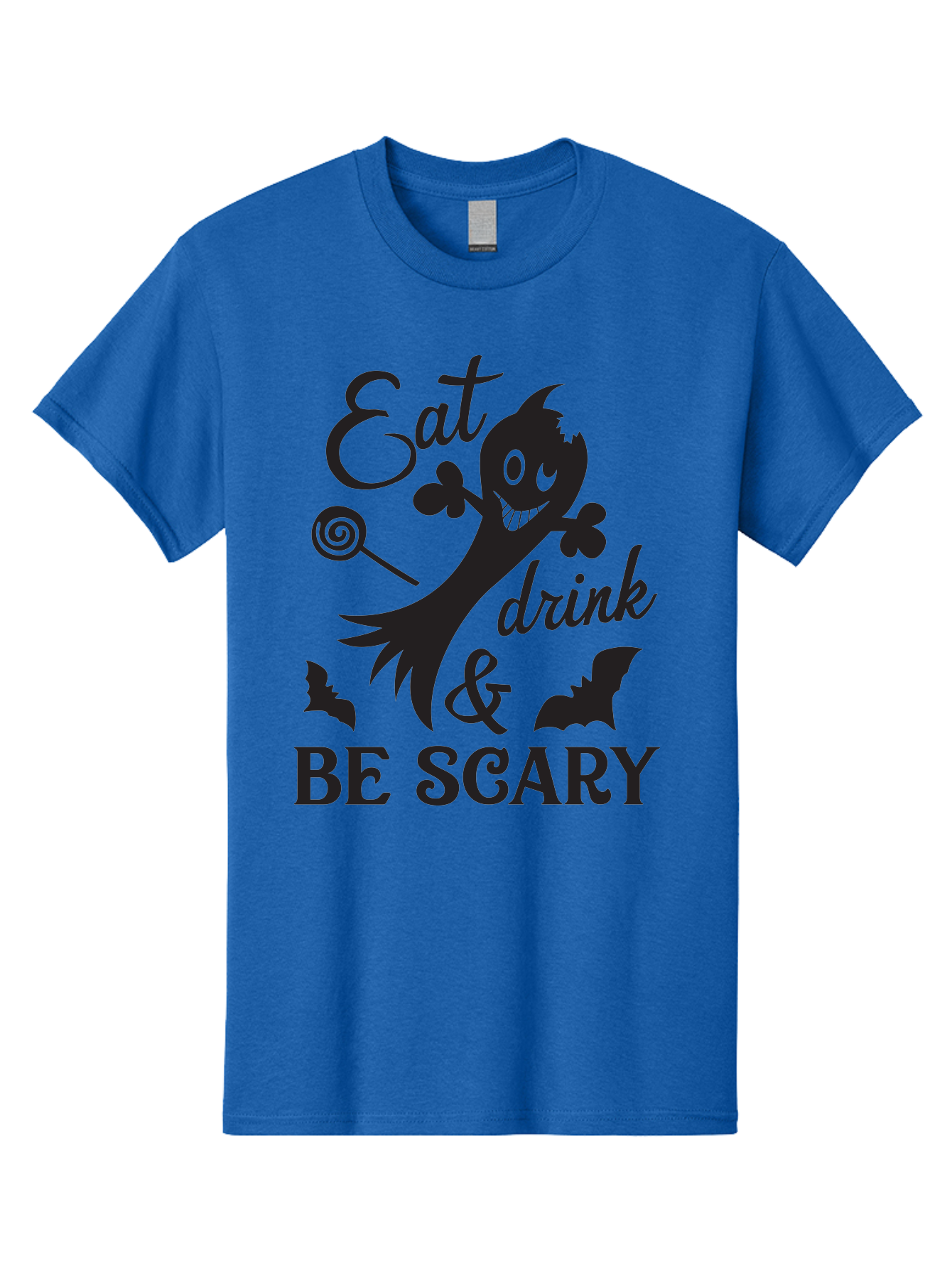 Eat-Drink-Be-Scary Men'S Graphic Tee, 100% Cotton, Comfortable Casual Summer Wear, Machine Washable, Halloween Design, Spooky T-Shirt, Halloween Quote, Eat Drink & Be Scary, Black Silhouette, Halloween Bats, Lollipop, Halloween Decorations, Aac680