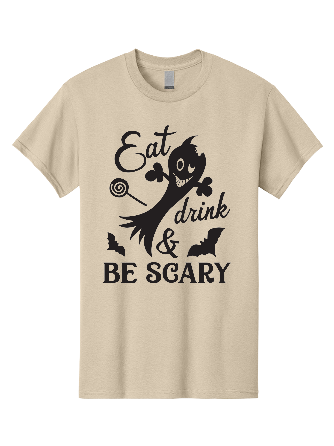 Eat-Drink-Be-Scary Men'S Graphic Tee, 100% Cotton, Comfortable Casual Summer Wear, Machine Washable, Halloween Design, Spooky T-Shirt, Halloween Quote, Eat Drink & Be Scary, Black Silhouette, Halloween Bats, Lollipop, Halloween Decorations, Aac680