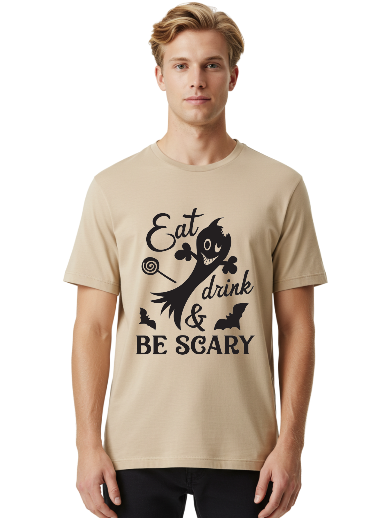 Eat-Drink-Be-Scary Men'S Graphic Tee, 100% Cotton, Comfortable Casual Summer Wear, Machine Washable, Halloween Design, Spooky T-Shirt, Halloween Quote, Eat Drink & Be Scary, Black Silhouette, Halloween Bats, Lollipop, Halloween Decorations, Aac680
