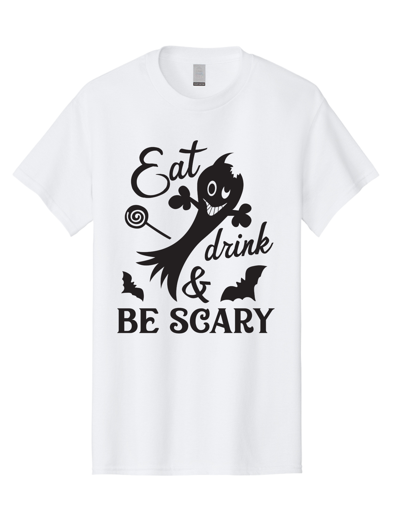 Eat-Drink-Be-Scary Men'S Graphic Tee, 100% Cotton, Comfortable Casual Summer Wear, Machine Washable, Halloween Design, Spooky T-Shirt, Halloween Quote, Eat Drink & Be Scary, Black Silhouette, Halloween Bats, Lollipop, Halloween Decorations, Aac680