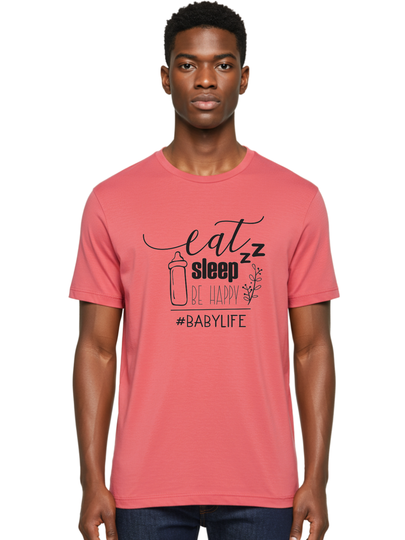 Eat-Sleep-Be-Happy Men'S Graphic Tee, 100% Cotton, Comfortable Casual Summer Wear, Machine Washable, Baby Bottle, Eat Sleep Be Happy, Baby Life, Newborn Care, Parenting Tips, Baby Essentials, Hashtag Babylife, Simple Design, Minimalist Style Aac681