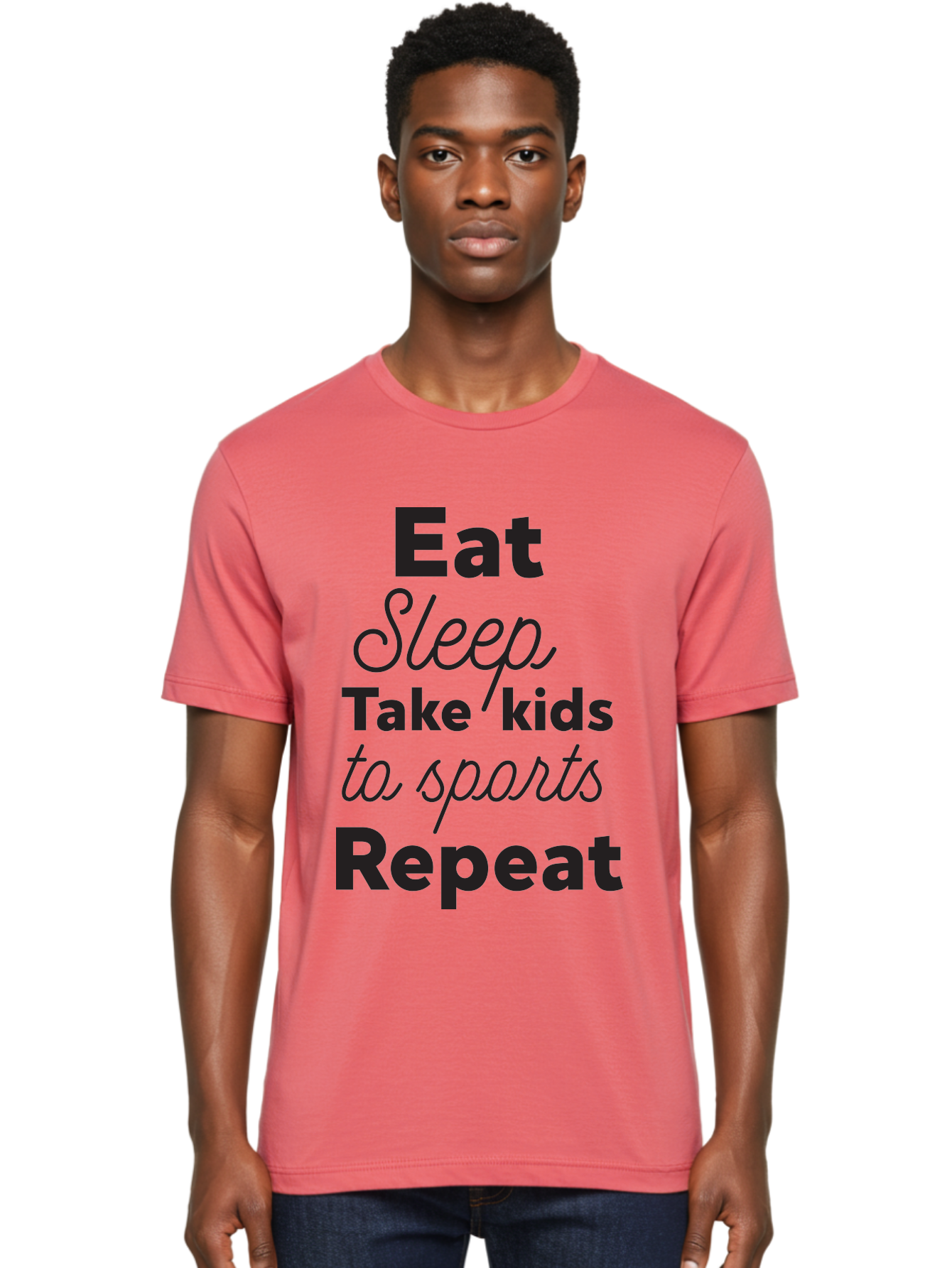 Eat-Sleep-Take-Kids-To-Sports-Repeat Men'S Graphic Tee, 100% Cotton, Comfortable Casual Summer Wear, Machine Washable, Busy Parents, Parenting Life, Family Activities, Kids Sports, Daily Routine, Parenting Humor, Eat Sleep Repeat Aac682