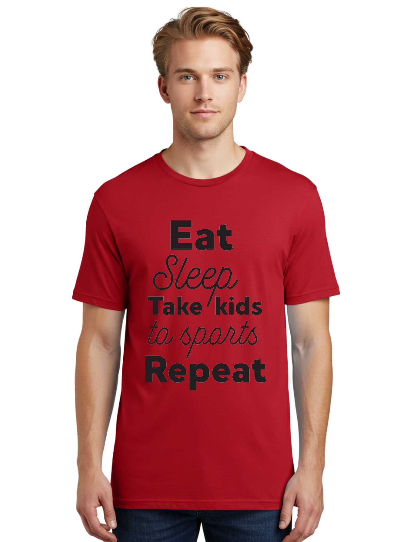 Eat-Sleep-Take-Kids-To-Sports-Repeat Men'S Graphic Tee, 100% Cotton, Comfortable Casual Summer Wear, Machine Washable, Busy Parents, Parenting Life, Family Activities, Kids Sports, Daily Routine, Parenting Humor, Eat Sleep Repeat Aac682