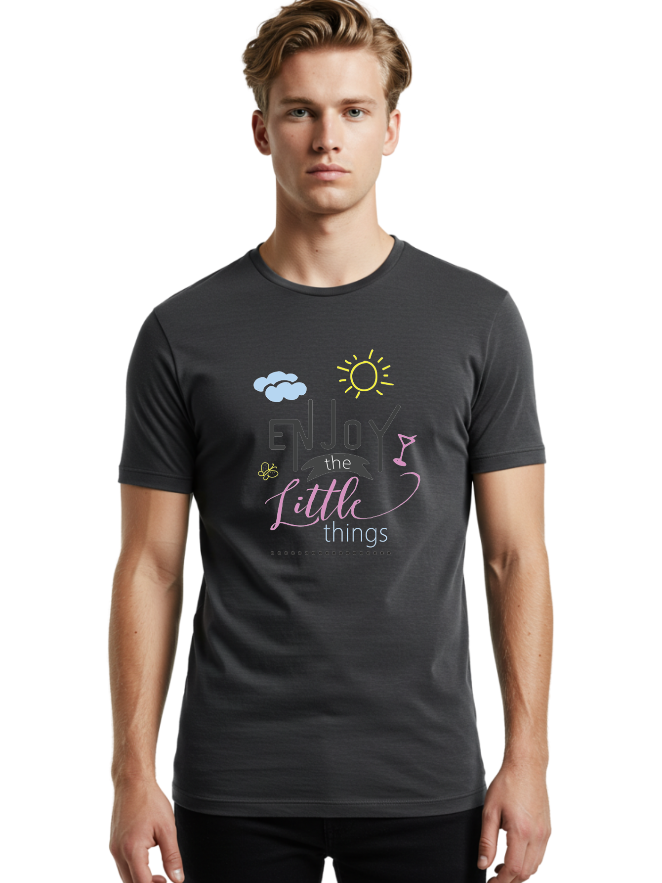 Enjoy-The-Little-Things Men'S Graphic Tee, 100% Cotton, Comfortable Casual Summer Wear, Machine Washable, Inspirational Quote, Motivational Phrase, Enjoy The Little Things, Positive Vibes, Happy Feelings, Sunshine, Cocktail, Relaxation, Aac687