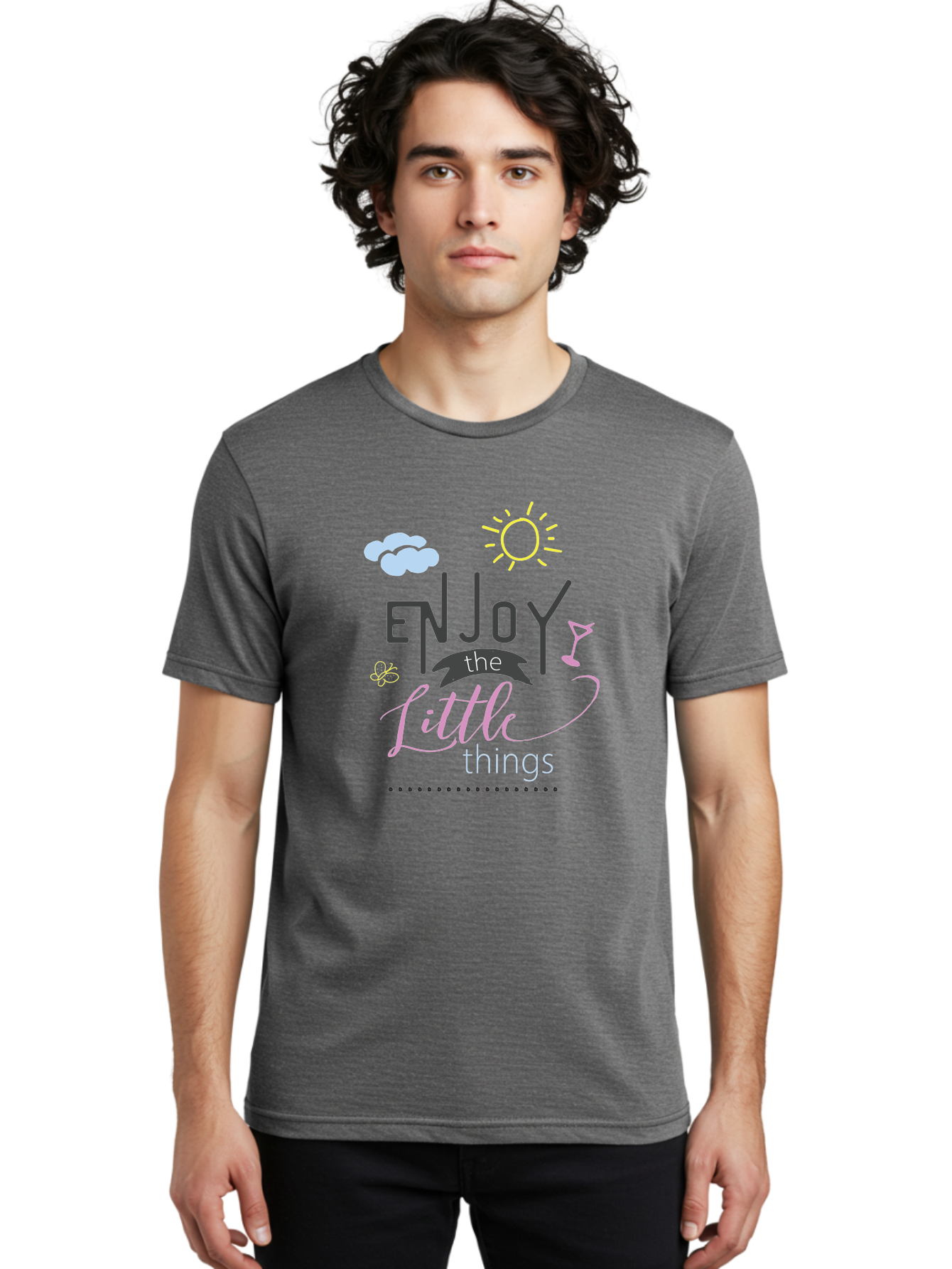 Enjoy-The-Little-Things Men'S Graphic Tee, 100% Cotton, Comfortable Casual Summer Wear, Machine Washable, Inspirational Quote, Motivational Phrase, Enjoy The Little Things, Positive Vibes, Happy Feelings, Sunshine, Cocktail, Relaxation, Aac687
