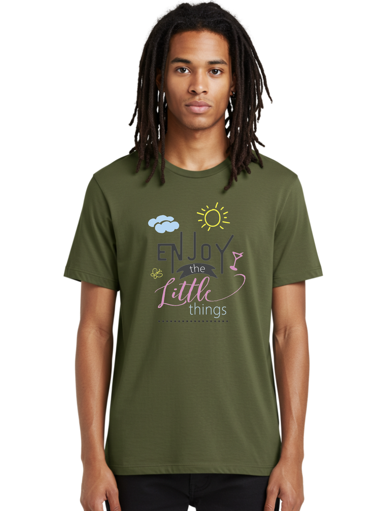 Enjoy-The-Little-Things Men'S Graphic Tee, 100% Cotton, Comfortable Casual Summer Wear, Machine Washable, Inspirational Quote, Motivational Phrase, Enjoy The Little Things, Positive Vibes, Happy Feelings, Sunshine, Cocktail, Relaxation, Aac687