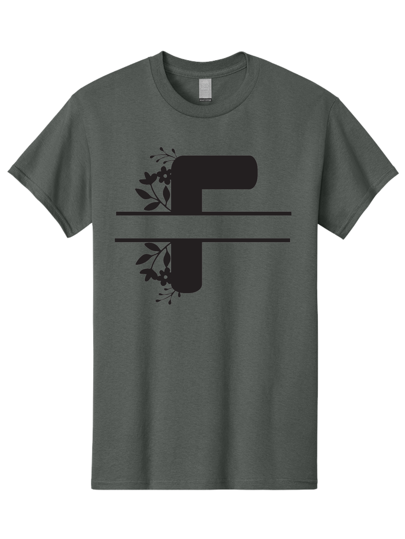 F-1 Men'S Graphic Tee, 100% Cotton, Comfortable Casual Summer Wear, Machine Washable, Floral Alphabet, Letter F, Black Font, Botanical Design, Floral Elements, Leafy Details, Elegant Typography, Decorative Lettering Aac699