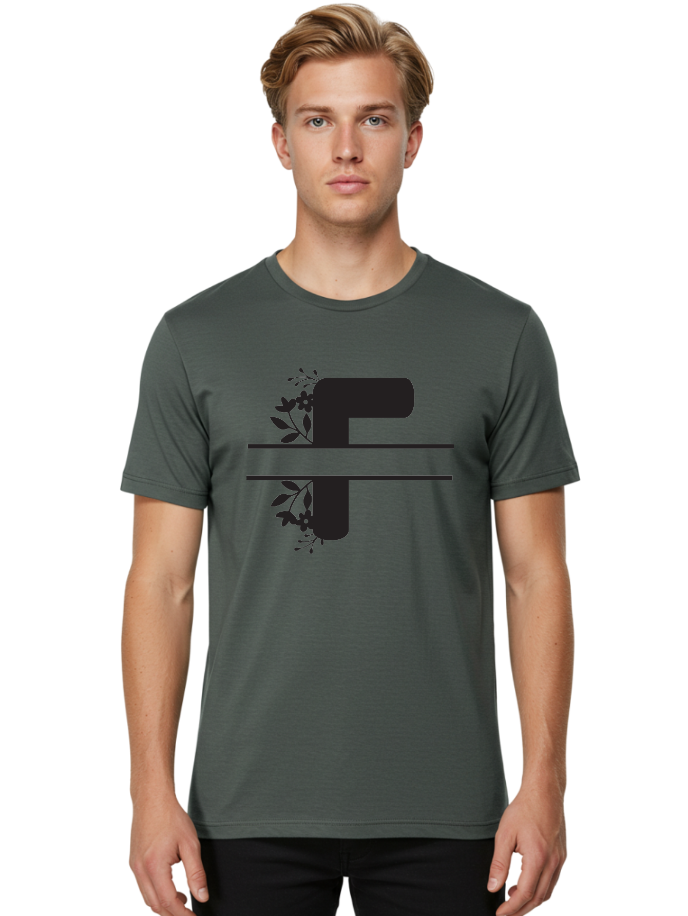 F-1 Men'S Graphic Tee, 100% Cotton, Comfortable Casual Summer Wear, Machine Washable, Floral Alphabet, Letter F, Black Font, Botanical Design, Floral Elements, Leafy Details, Elegant Typography, Decorative Lettering Aac699
