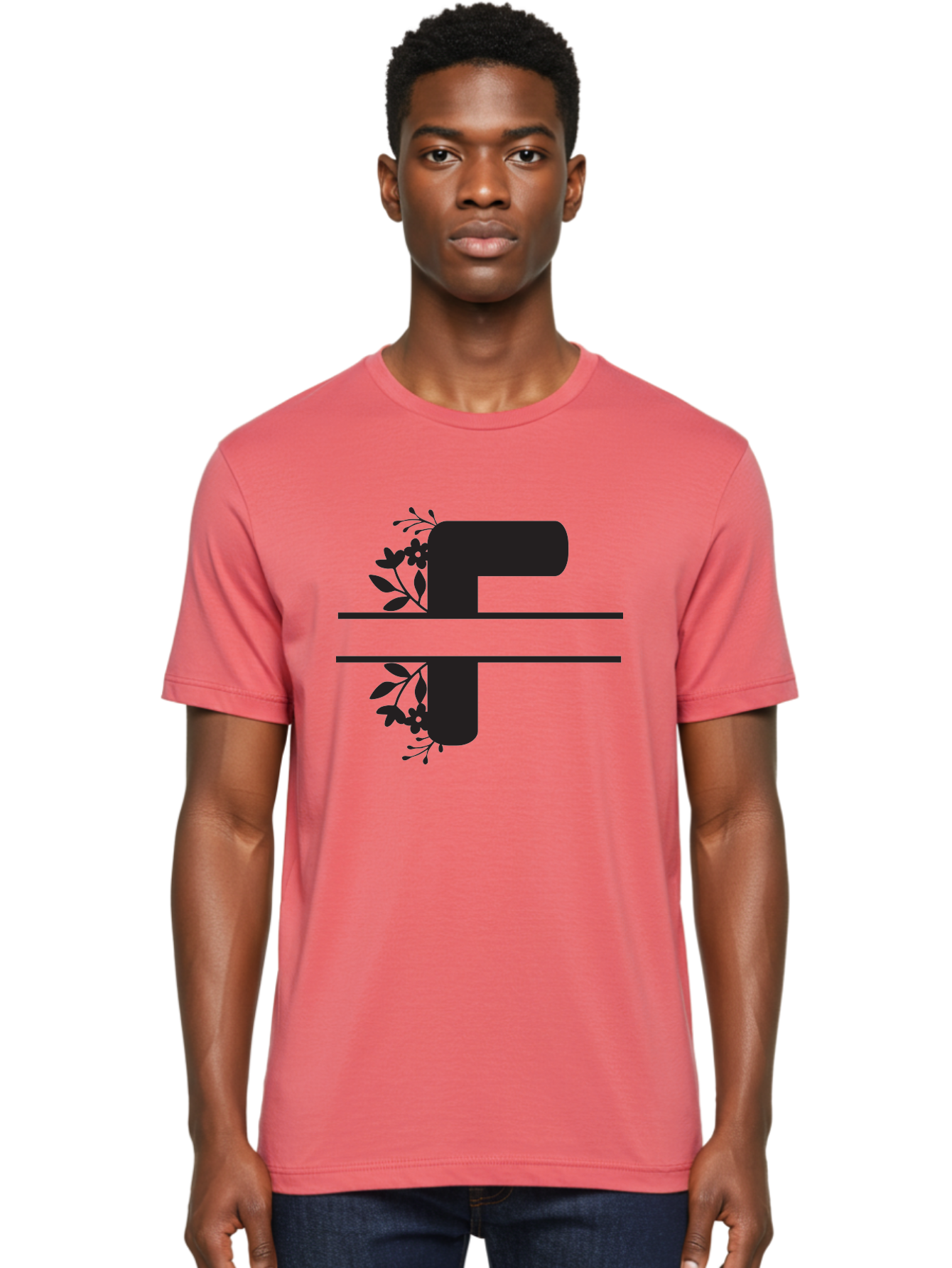 F-1 Men'S Graphic Tee, 100% Cotton, Comfortable Casual Summer Wear, Machine Washable, Floral Alphabet, Letter F, Black Font, Botanical Design, Floral Elements, Leafy Details, Elegant Typography, Decorative Lettering Aac699