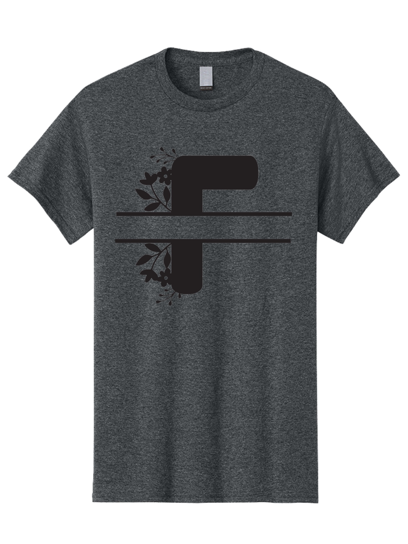 F-1 Men'S Graphic Tee, 100% Cotton, Comfortable Casual Summer Wear, Machine Washable, Floral Alphabet, Letter F, Black Font, Botanical Design, Floral Elements, Leafy Details, Elegant Typography, Decorative Lettering Aac699