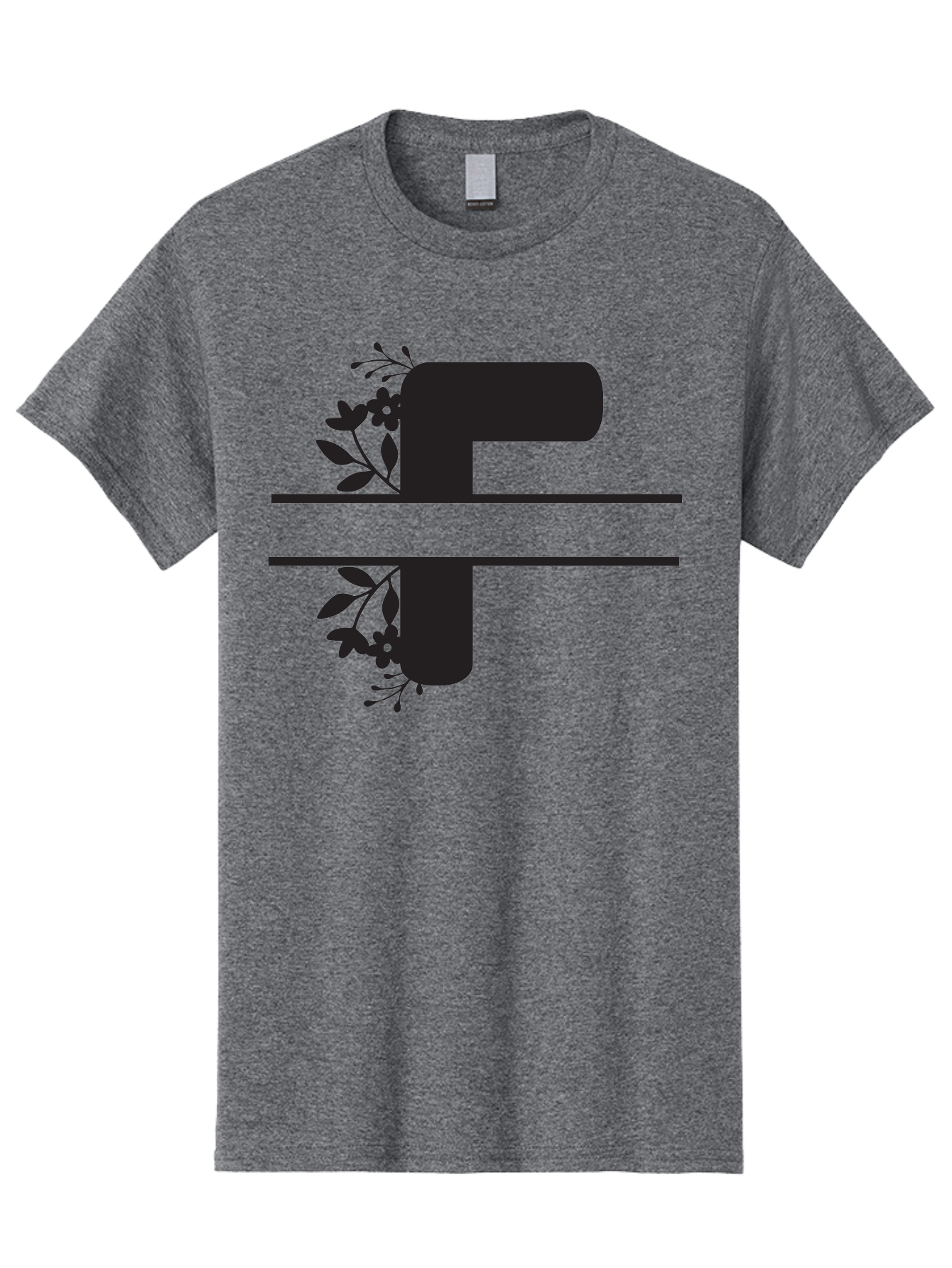 F-1 Men'S Graphic Tee, 100% Cotton, Comfortable Casual Summer Wear, Machine Washable, Floral Alphabet, Letter F, Black Font, Botanical Design, Floral Elements, Leafy Details, Elegant Typography, Decorative Lettering Aac699