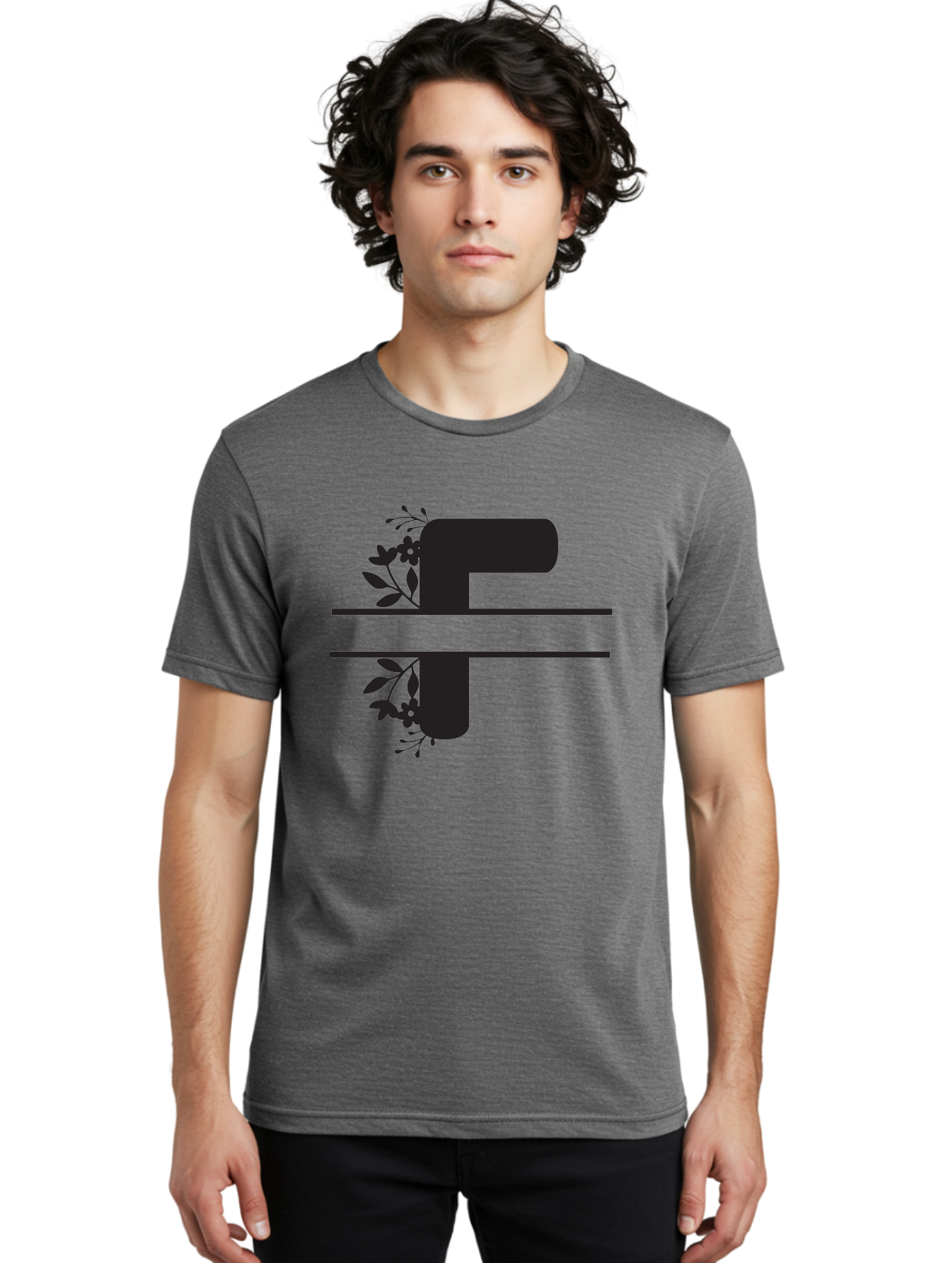 F-1 Men'S Graphic Tee, 100% Cotton, Comfortable Casual Summer Wear, Machine Washable, Floral Alphabet, Letter F, Black Font, Botanical Design, Floral Elements, Leafy Details, Elegant Typography, Decorative Lettering Aac699