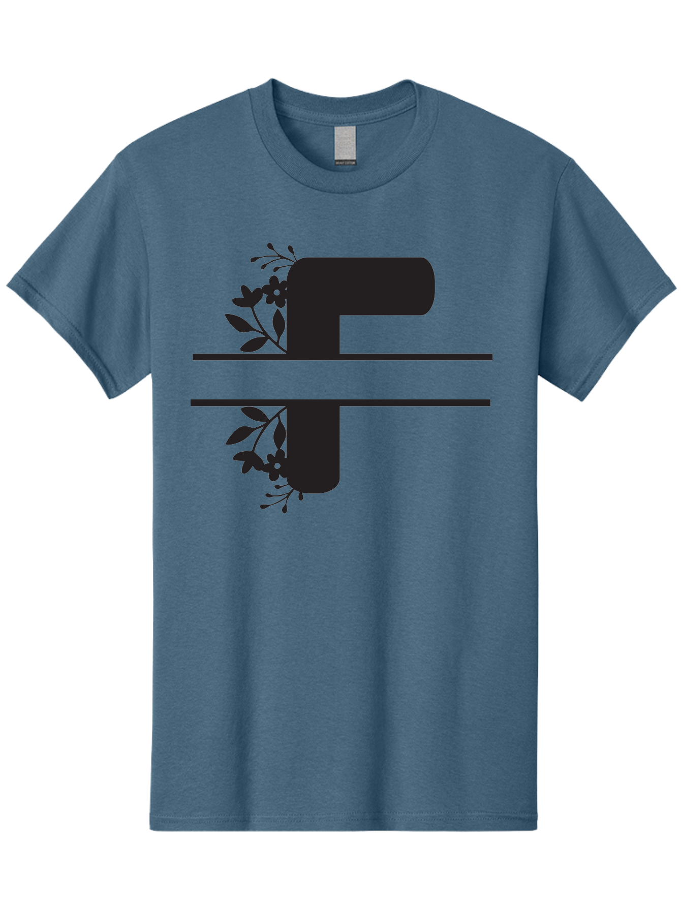 F-1 Men'S Graphic Tee, 100% Cotton, Comfortable Casual Summer Wear, Machine Washable, Floral Alphabet, Letter F, Black Font, Botanical Design, Floral Elements, Leafy Details, Elegant Typography, Decorative Lettering Aac699