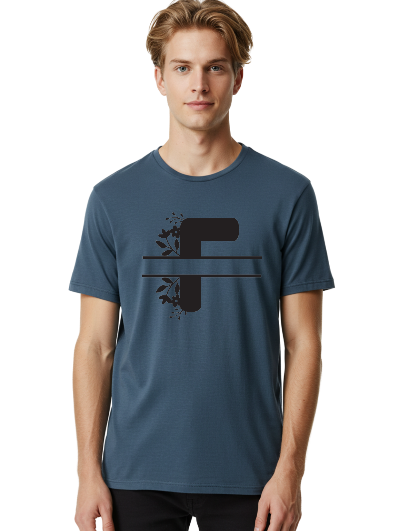 F-1 Men'S Graphic Tee, 100% Cotton, Comfortable Casual Summer Wear, Machine Washable, Floral Alphabet, Letter F, Black Font, Botanical Design, Floral Elements, Leafy Details, Elegant Typography, Decorative Lettering Aac699