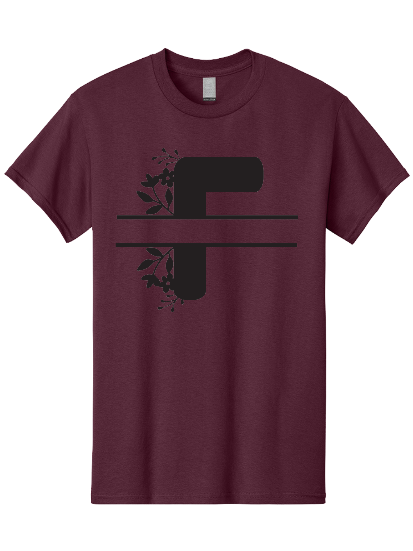 F-1 Men'S Graphic Tee, 100% Cotton, Comfortable Casual Summer Wear, Machine Washable, Floral Alphabet, Letter F, Black Font, Botanical Design, Floral Elements, Leafy Details, Elegant Typography, Decorative Lettering Aac699
