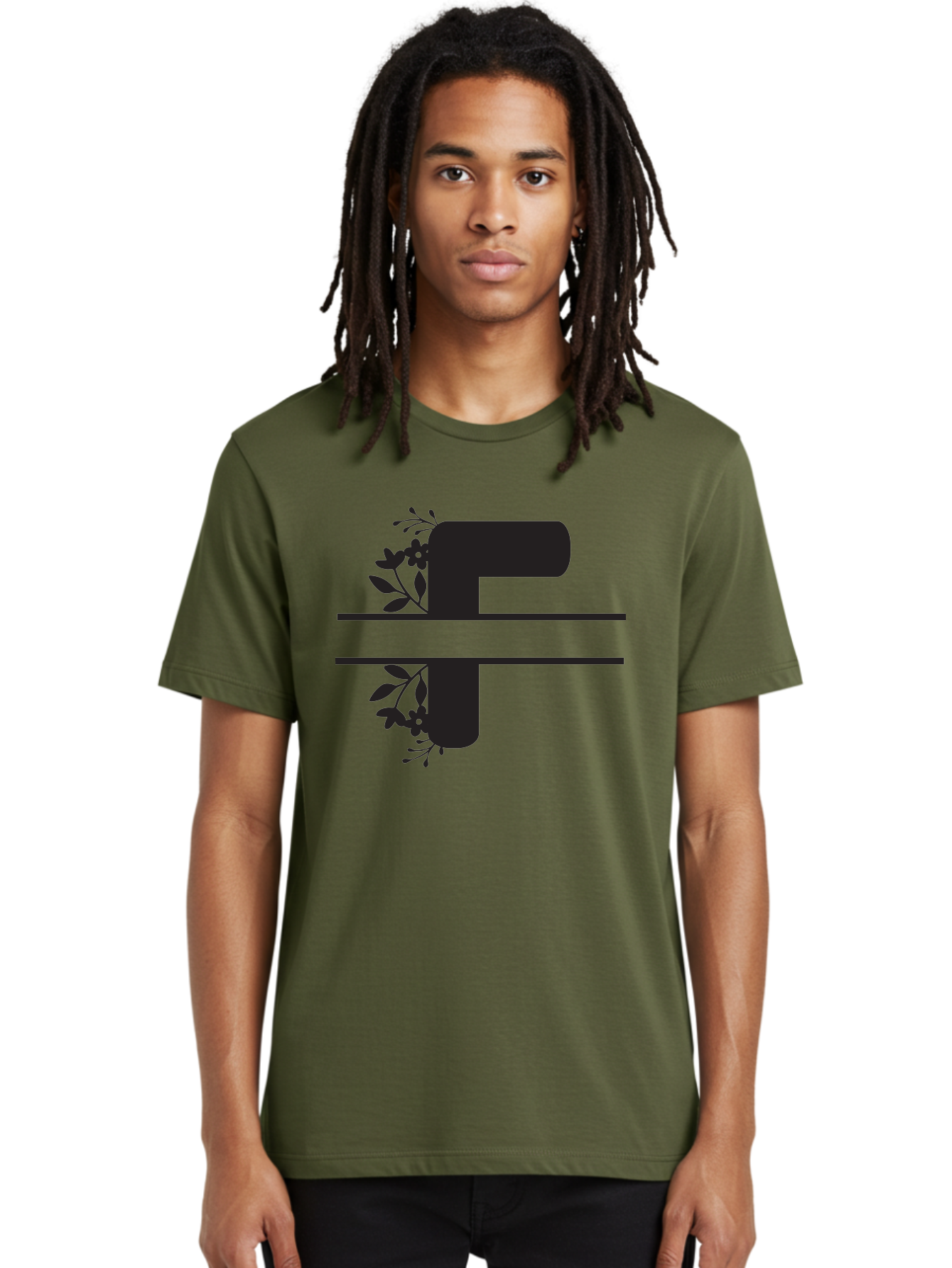 F-1 Men'S Graphic Tee, 100% Cotton, Comfortable Casual Summer Wear, Machine Washable, Floral Alphabet, Letter F, Black Font, Botanical Design, Floral Elements, Leafy Details, Elegant Typography, Decorative Lettering Aac699