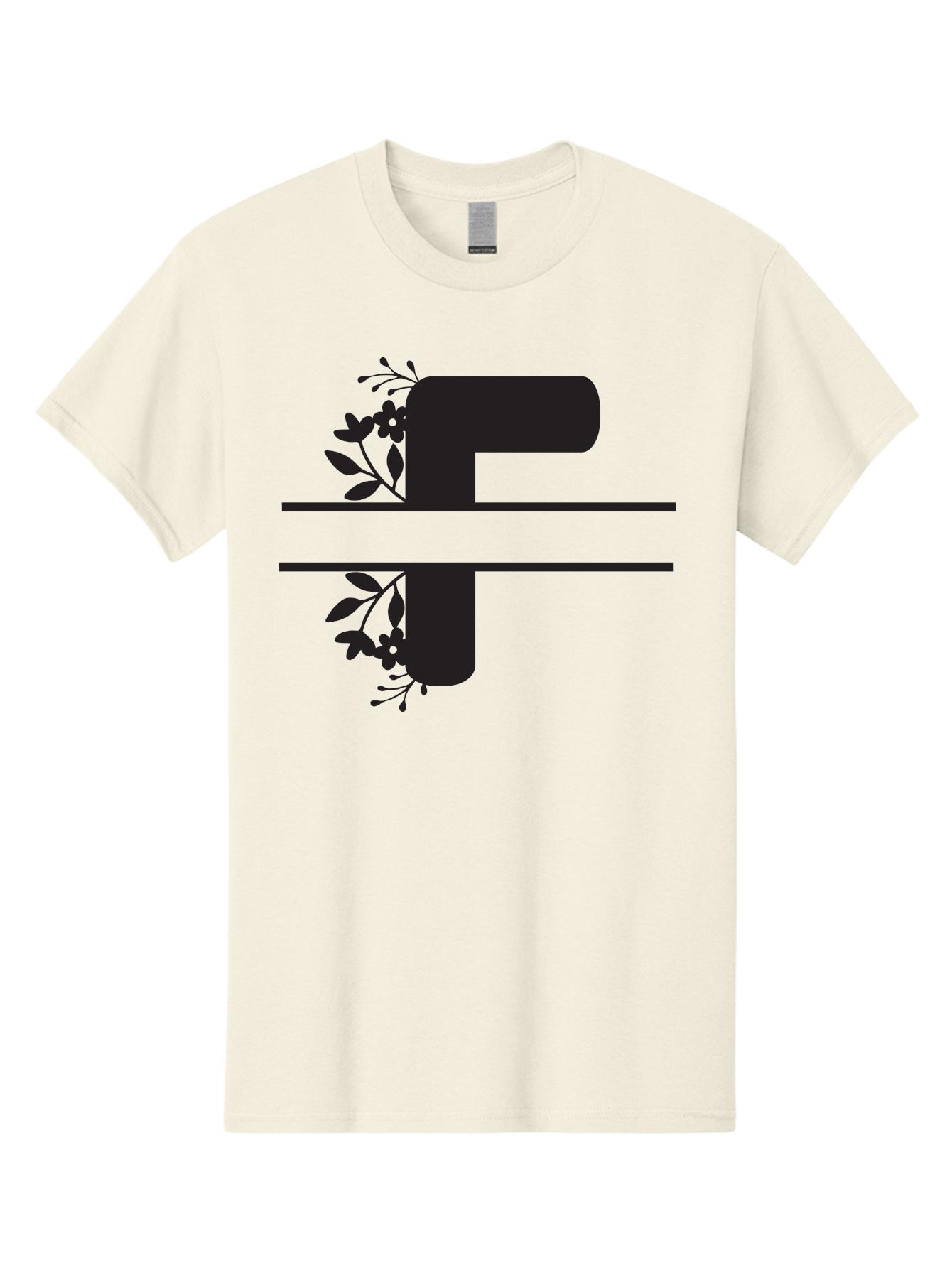 F-1 Men'S Graphic Tee, 100% Cotton, Comfortable Casual Summer Wear, Machine Washable, Floral Alphabet, Letter F, Black Font, Botanical Design, Floral Elements, Leafy Details, Elegant Typography, Decorative Lettering Aac699