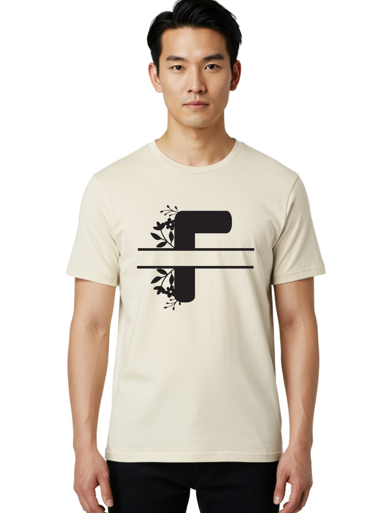 F-1 Men'S Graphic Tee, 100% Cotton, Comfortable Casual Summer Wear, Machine Washable, Floral Alphabet, Letter F, Black Font, Botanical Design, Floral Elements, Leafy Details, Elegant Typography, Decorative Lettering Aac699