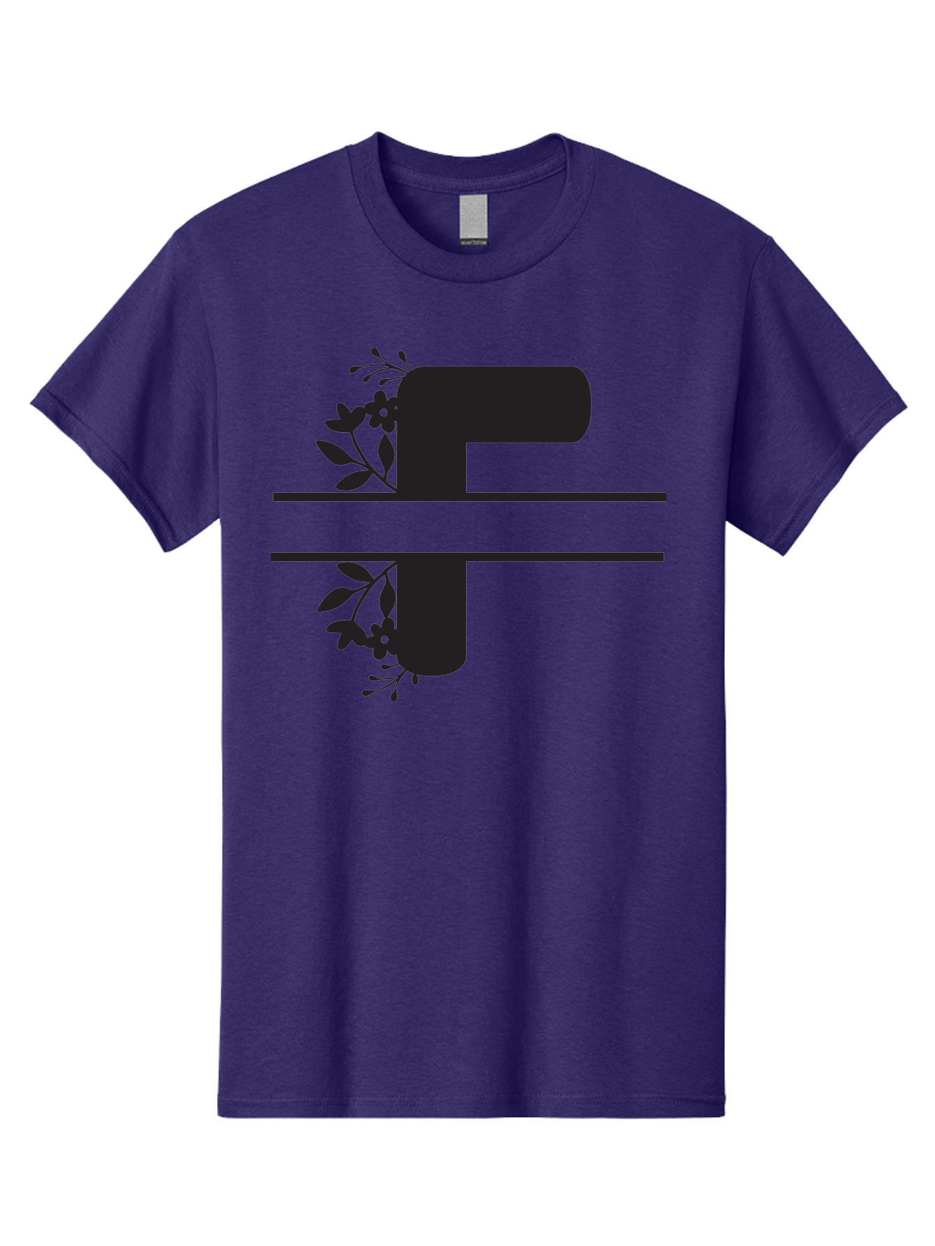 F-1 Men'S Graphic Tee, 100% Cotton, Comfortable Casual Summer Wear, Machine Washable, Floral Alphabet, Letter F, Black Font, Botanical Design, Floral Elements, Leafy Details, Elegant Typography, Decorative Lettering Aac699