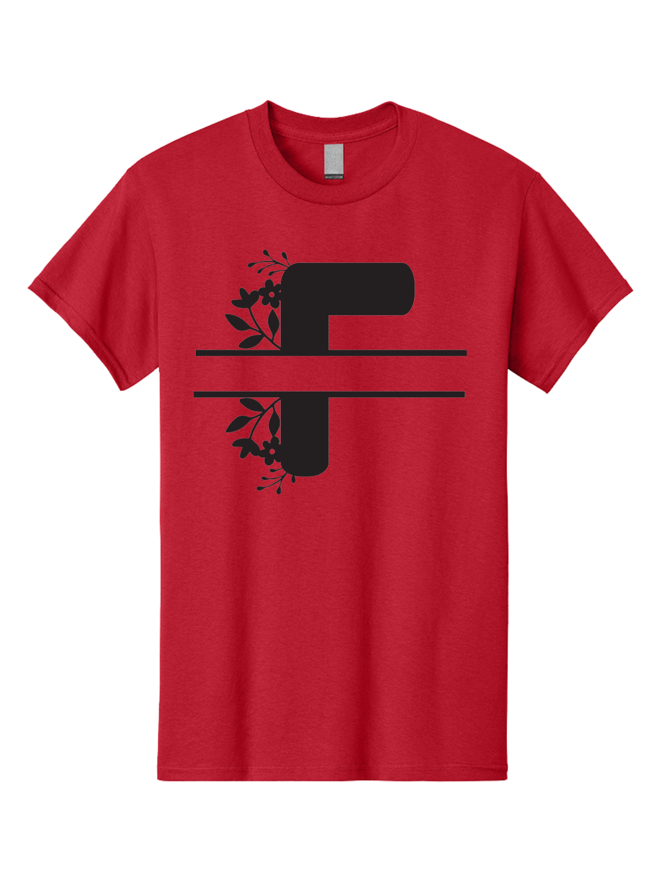 F-1 Men'S Graphic Tee, 100% Cotton, Comfortable Casual Summer Wear, Machine Washable, Floral Alphabet, Letter F, Black Font, Botanical Design, Floral Elements, Leafy Details, Elegant Typography, Decorative Lettering Aac699