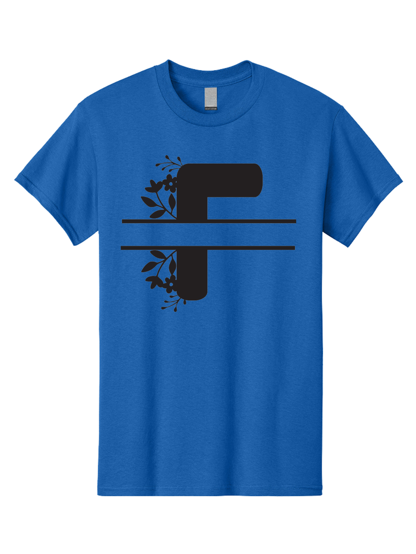 F-1 Men'S Graphic Tee, 100% Cotton, Comfortable Casual Summer Wear, Machine Washable, Floral Alphabet, Letter F, Black Font, Botanical Design, Floral Elements, Leafy Details, Elegant Typography, Decorative Lettering Aac699