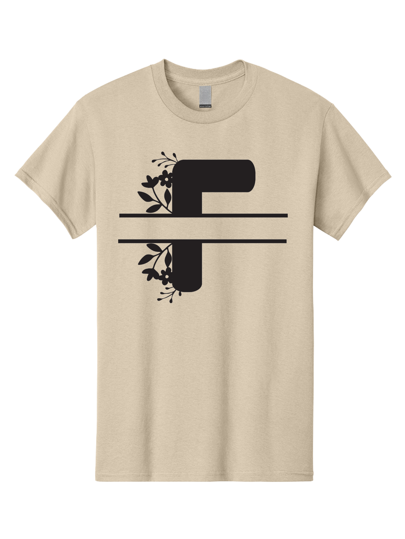 F-1 Men'S Graphic Tee, 100% Cotton, Comfortable Casual Summer Wear, Machine Washable, Floral Alphabet, Letter F, Black Font, Botanical Design, Floral Elements, Leafy Details, Elegant Typography, Decorative Lettering Aac699