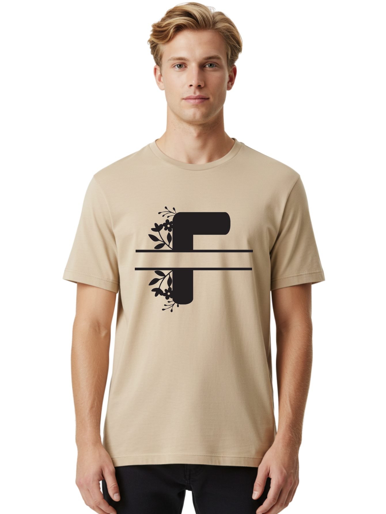 F-1 Men'S Graphic Tee, 100% Cotton, Comfortable Casual Summer Wear, Machine Washable, Floral Alphabet, Letter F, Black Font, Botanical Design, Floral Elements, Leafy Details, Elegant Typography, Decorative Lettering Aac699