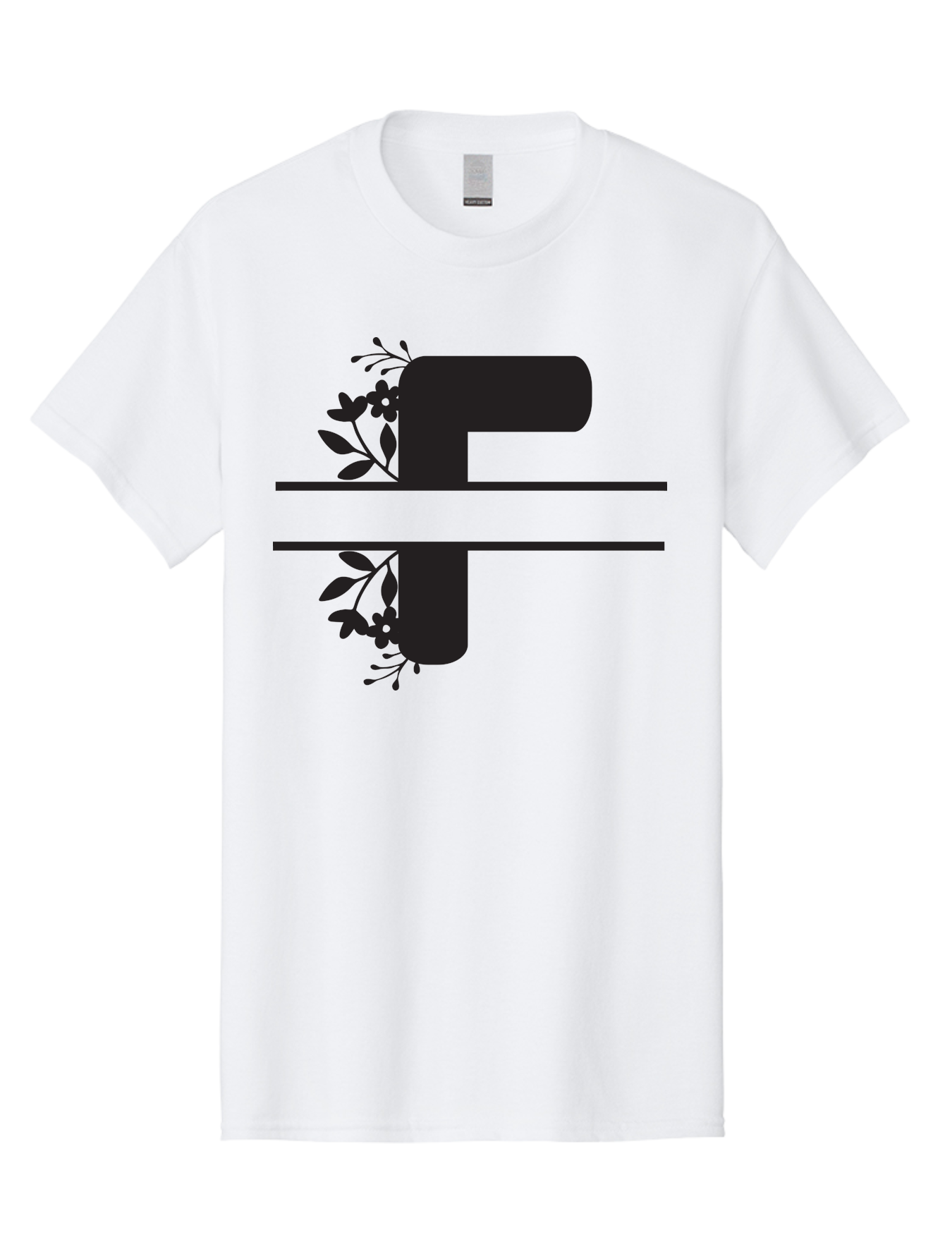 F-1 Men'S Graphic Tee, 100% Cotton, Comfortable Casual Summer Wear, Machine Washable, Floral Alphabet, Letter F, Black Font, Botanical Design, Floral Elements, Leafy Details, Elegant Typography, Decorative Lettering Aac699