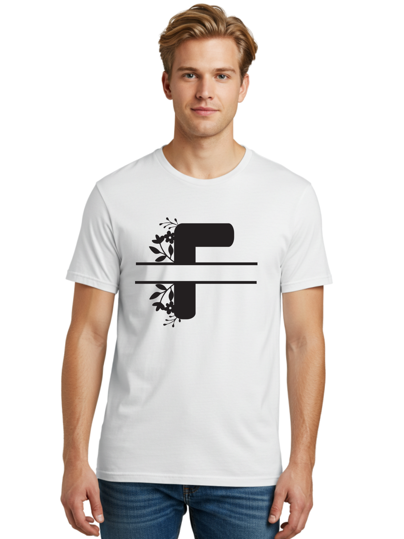 F-1 Men'S Graphic Tee, 100% Cotton, Comfortable Casual Summer Wear, Machine Washable, Floral Alphabet, Letter F, Black Font, Botanical Design, Floral Elements, Leafy Details, Elegant Typography, Decorative Lettering Aac699
