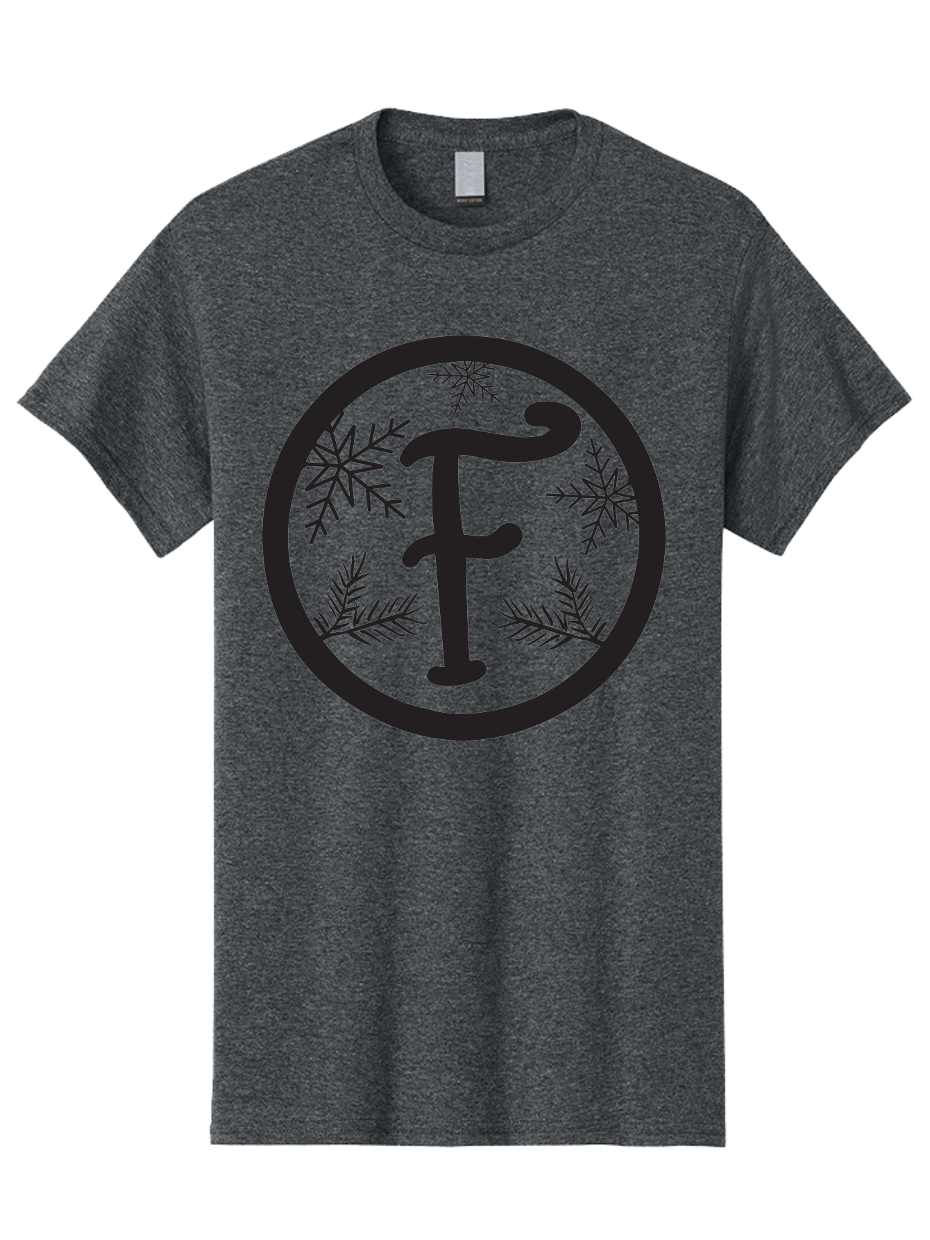 F Men'S Graphic Tee, 100% Cotton, Comfortable Casual Summer Wear, Machine Washable, Black Letter F, Snowflakes, Pine Branches, Winter Theme, Festive Design, Elegant Typography, Circular Frame, Black And Green Color Scheme Aac700