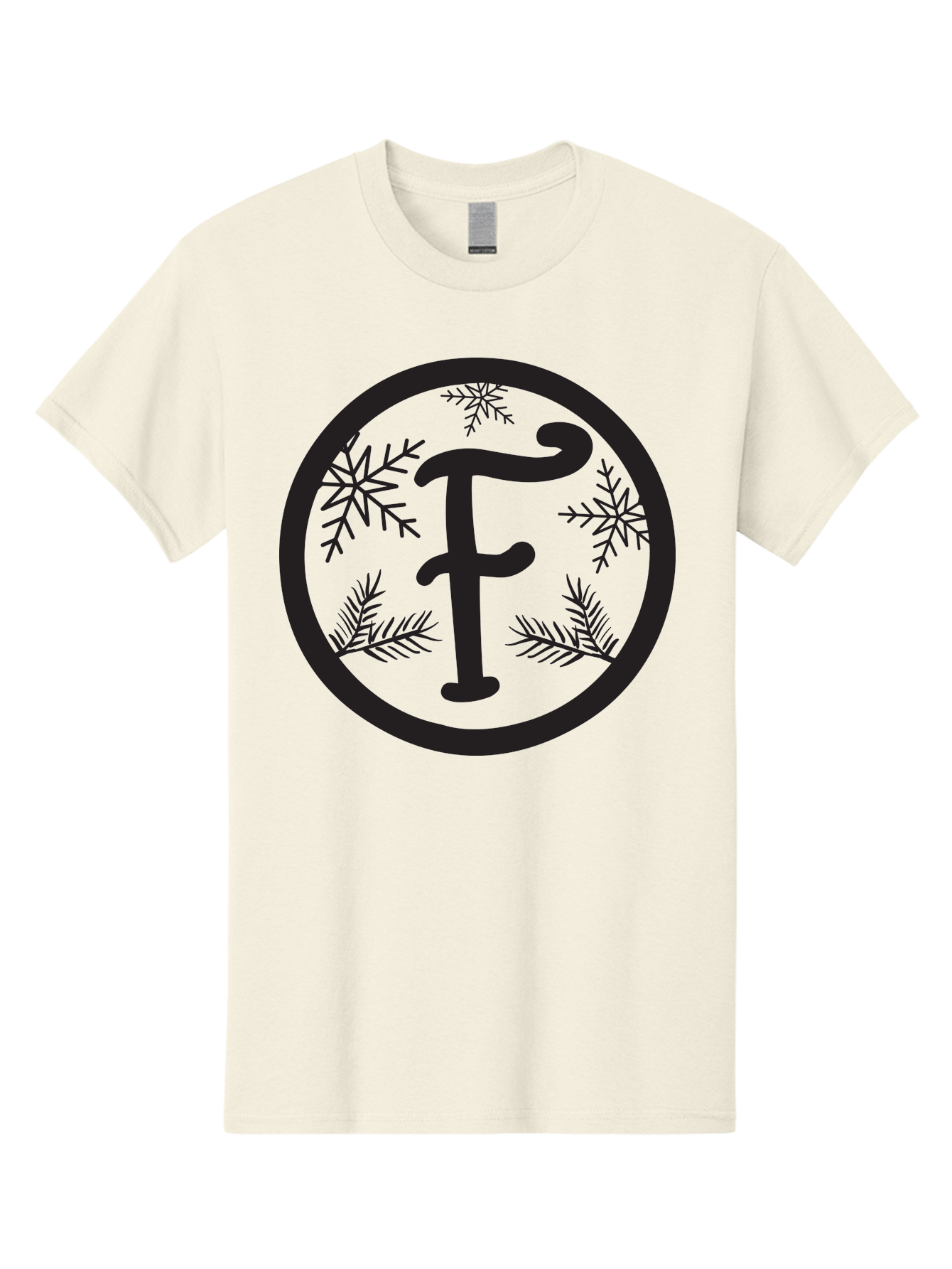 F Men'S Graphic Tee, 100% Cotton, Comfortable Casual Summer Wear, Machine Washable, Black Letter F, Snowflakes, Pine Branches, Winter Theme, Festive Design, Elegant Typography, Circular Frame, Black And Green Color Scheme Aac700
