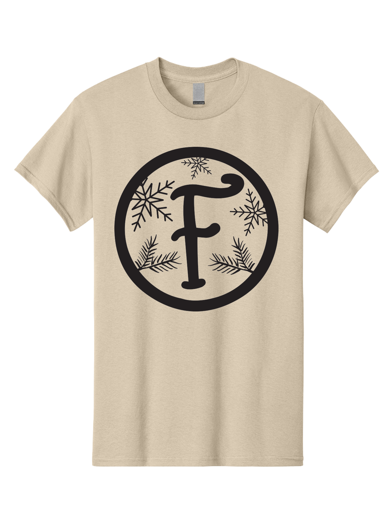 F Men'S Graphic Tee, 100% Cotton, Comfortable Casual Summer Wear, Machine Washable, Black Letter F, Snowflakes, Pine Branches, Winter Theme, Festive Design, Elegant Typography, Circular Frame, Black And Green Color Scheme Aac700