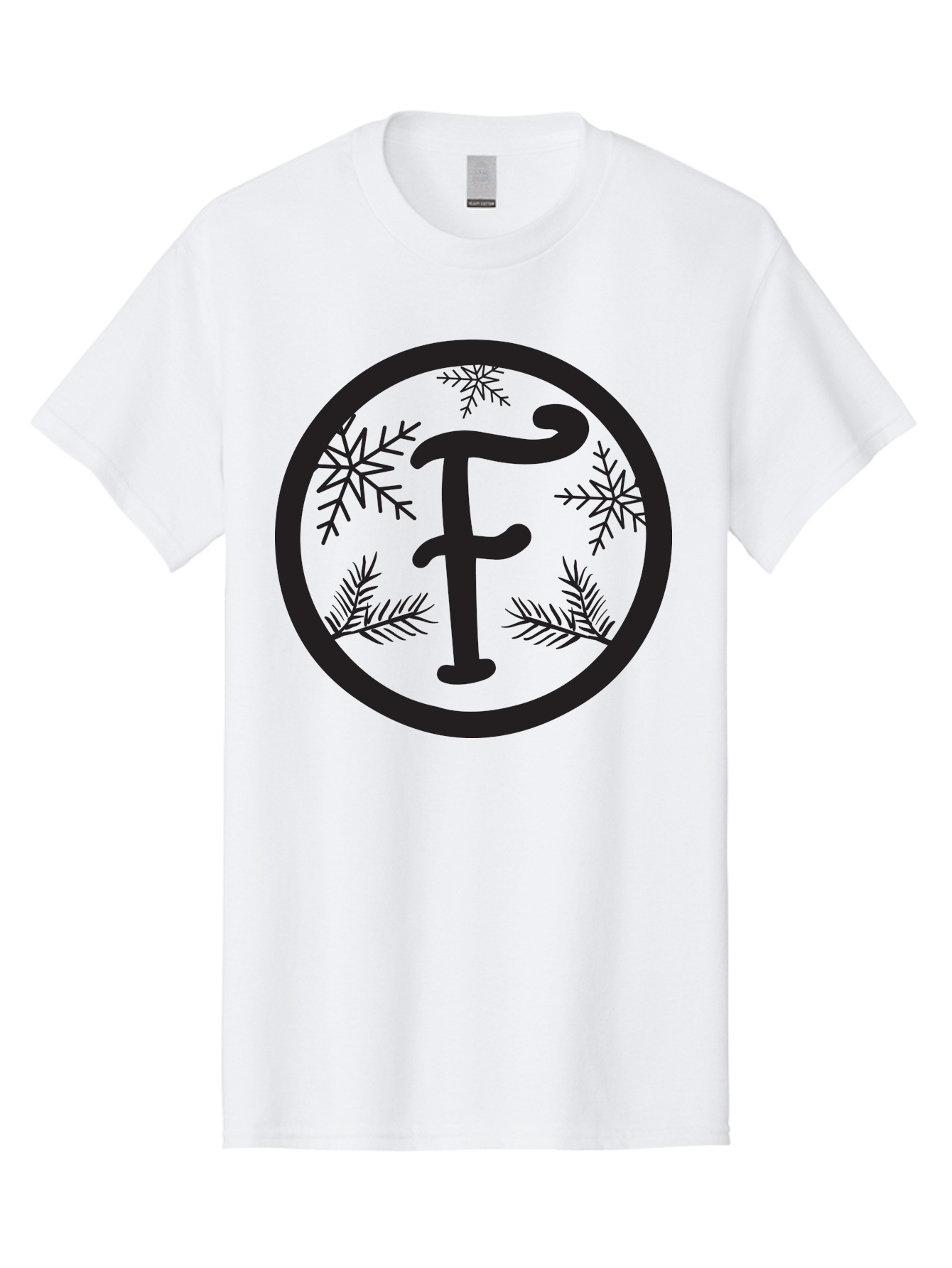 F Men'S Graphic Tee, 100% Cotton, Comfortable Casual Summer Wear, Machine Washable, Black Letter F, Snowflakes, Pine Branches, Winter Theme, Festive Design, Elegant Typography, Circular Frame, Black And Green Color Scheme Aac700