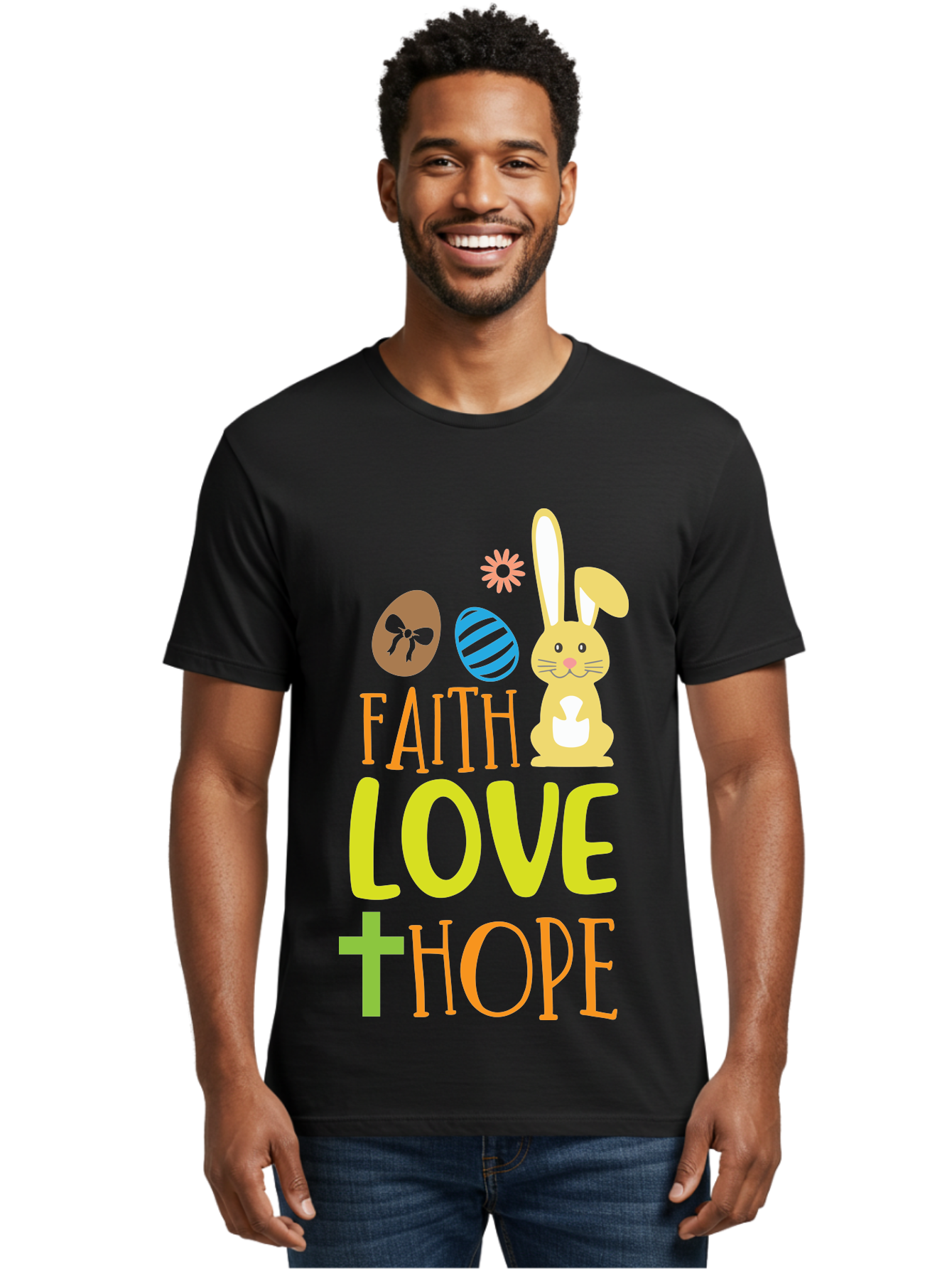 Faith-Love-Hope Men'S Graphic Tee, 100% Cotton, Comfortable Casual Summer Wear, Machine Washable, Easter Bunny, Faith Love Hope, Easter Eggs, Christian Symbolism, Inspirational Quote, Spring Theme, Pastel Colors, Holiday Design Aac703