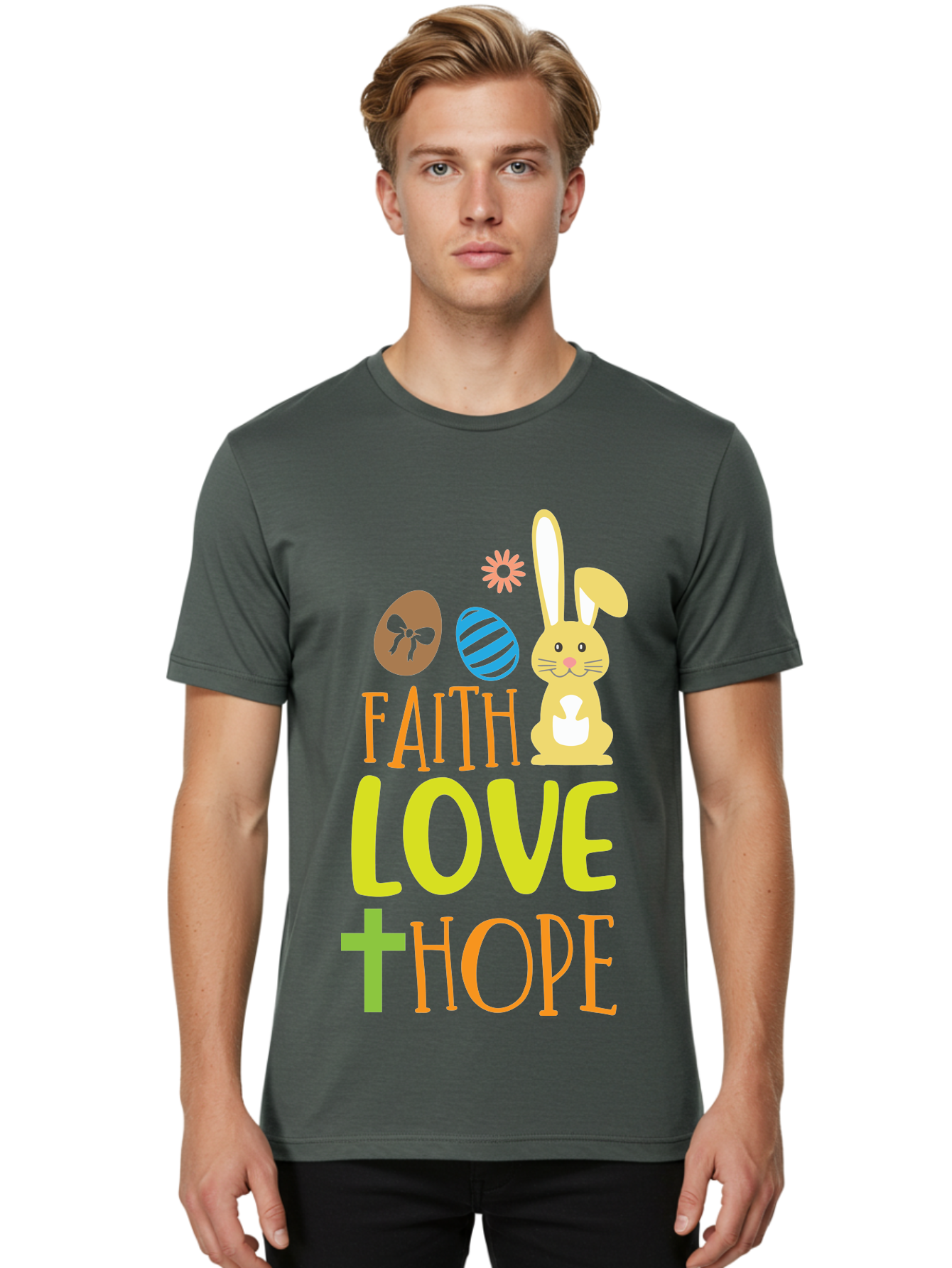 Faith-Love-Hope Men'S Graphic Tee, 100% Cotton, Comfortable Casual Summer Wear, Machine Washable, Easter Bunny, Faith Love Hope, Easter Eggs, Christian Symbolism, Inspirational Quote, Spring Theme, Pastel Colors, Holiday Design Aac703