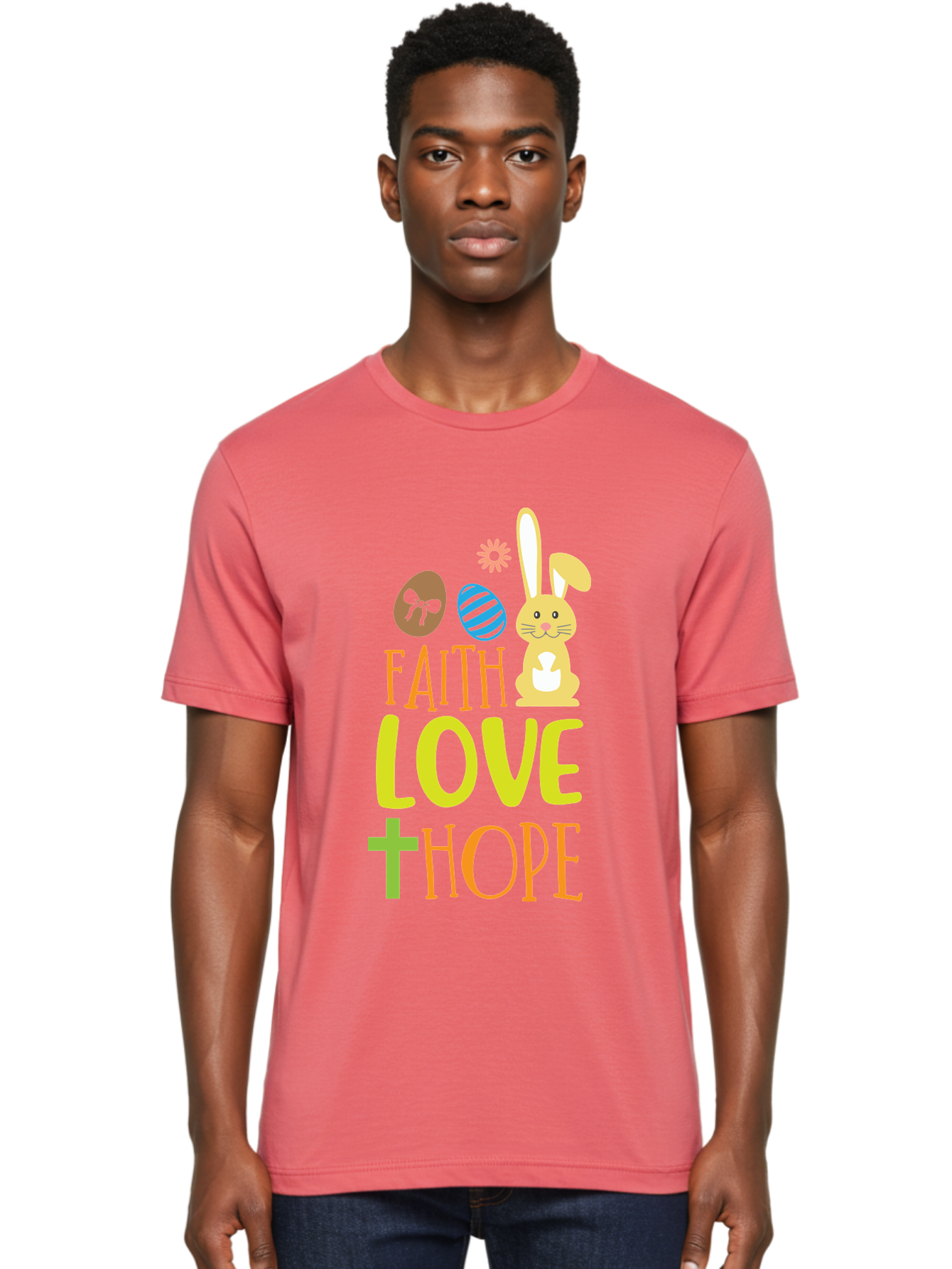 Faith-Love-Hope Men'S Graphic Tee, 100% Cotton, Comfortable Casual Summer Wear, Machine Washable, Easter Bunny, Faith Love Hope, Easter Eggs, Christian Symbolism, Inspirational Quote, Spring Theme, Pastel Colors, Holiday Design Aac703