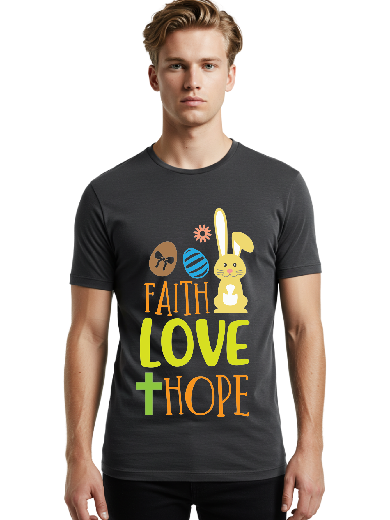 Faith-Love-Hope Men'S Graphic Tee, 100% Cotton, Comfortable Casual Summer Wear, Machine Washable, Easter Bunny, Faith Love Hope, Easter Eggs, Christian Symbolism, Inspirational Quote, Spring Theme, Pastel Colors, Holiday Design Aac703