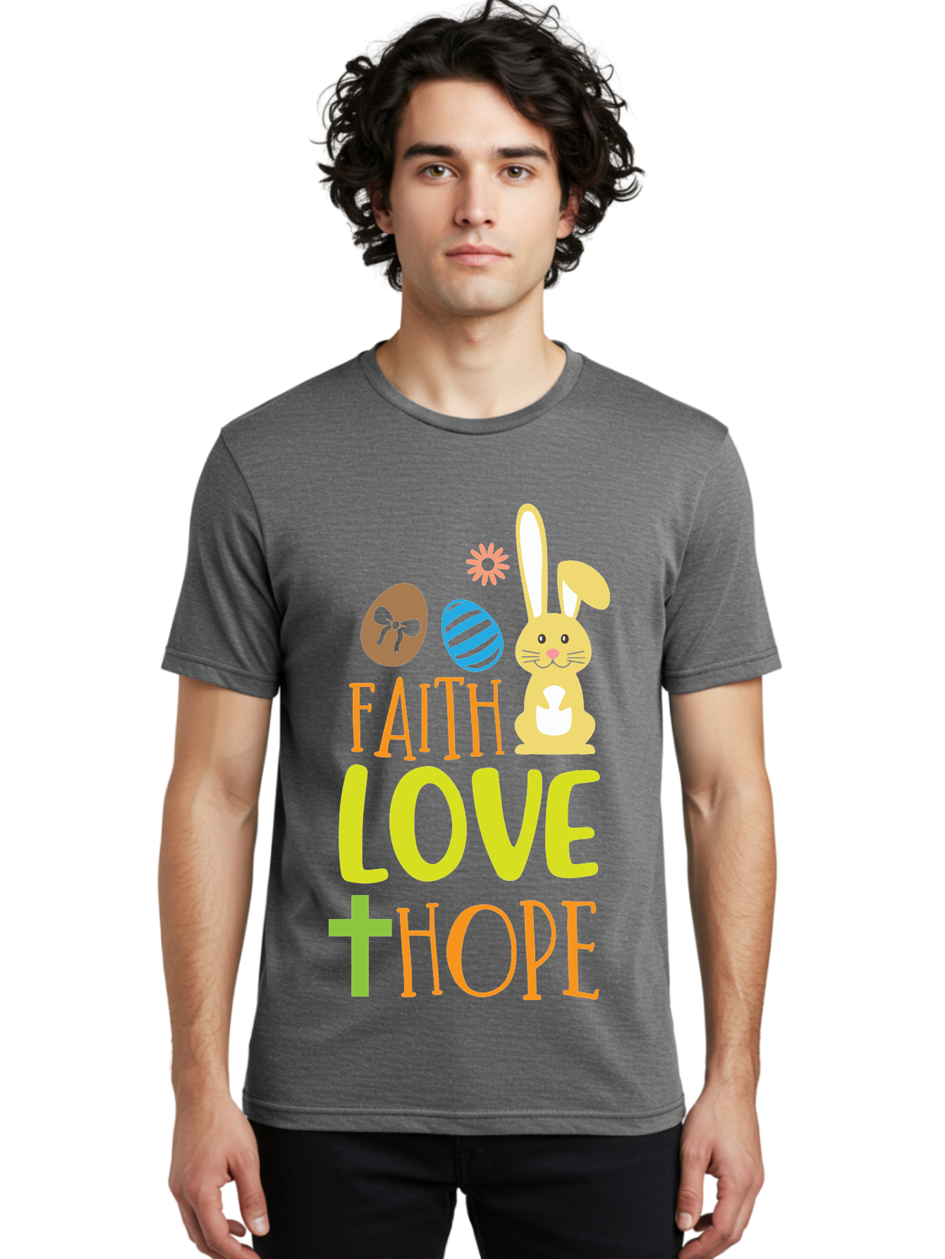 Faith-Love-Hope Men'S Graphic Tee, 100% Cotton, Comfortable Casual Summer Wear, Machine Washable, Easter Bunny, Faith Love Hope, Easter Eggs, Christian Symbolism, Inspirational Quote, Spring Theme, Pastel Colors, Holiday Design Aac703